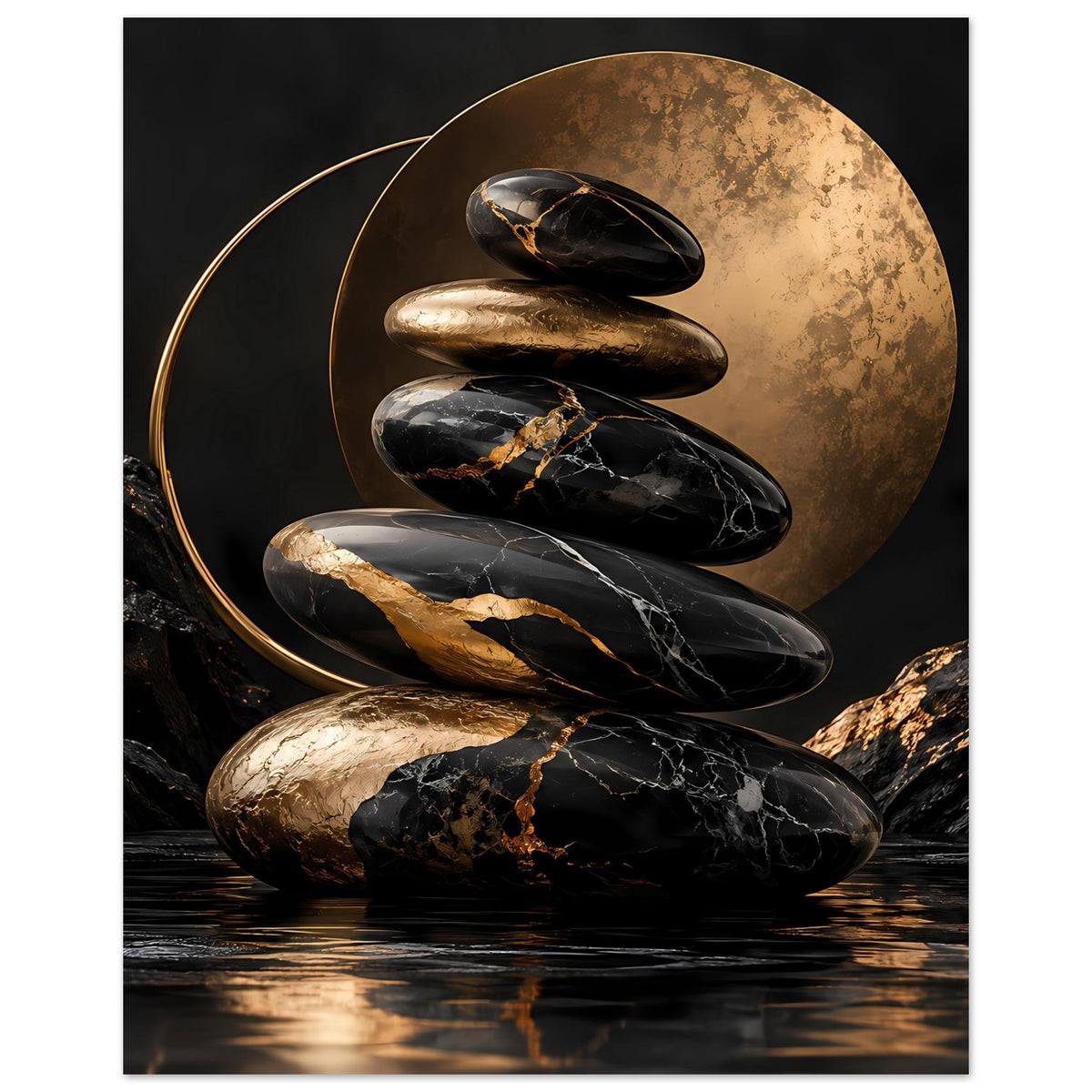 Poster mit Zen-Steinen und goldener Kreisfläche, schwarze und goldene Marmorglanzadern