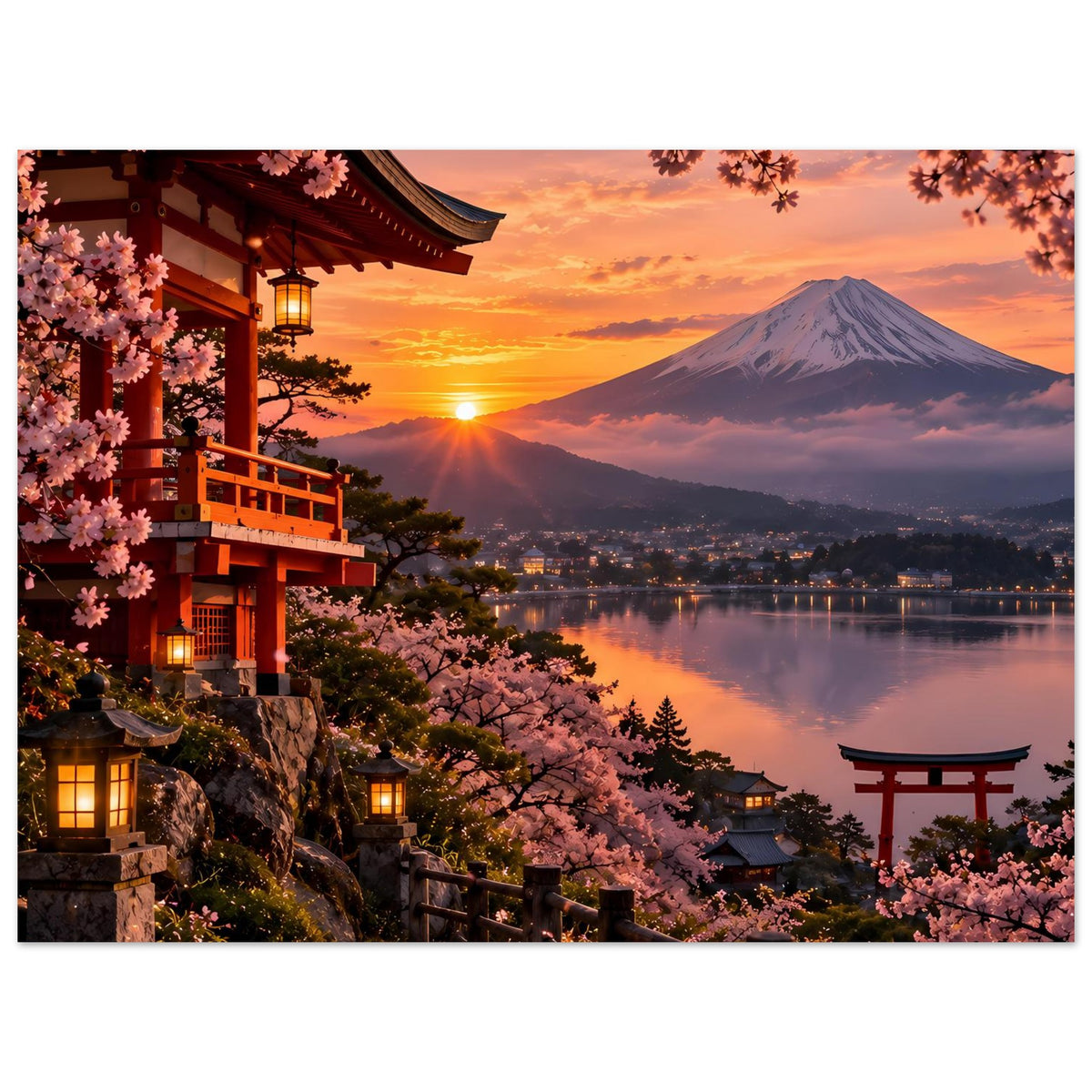 Japanisches Kirschblütenposter mit Tempel, pinken Blüten, Vulkanberg und See mit Torii