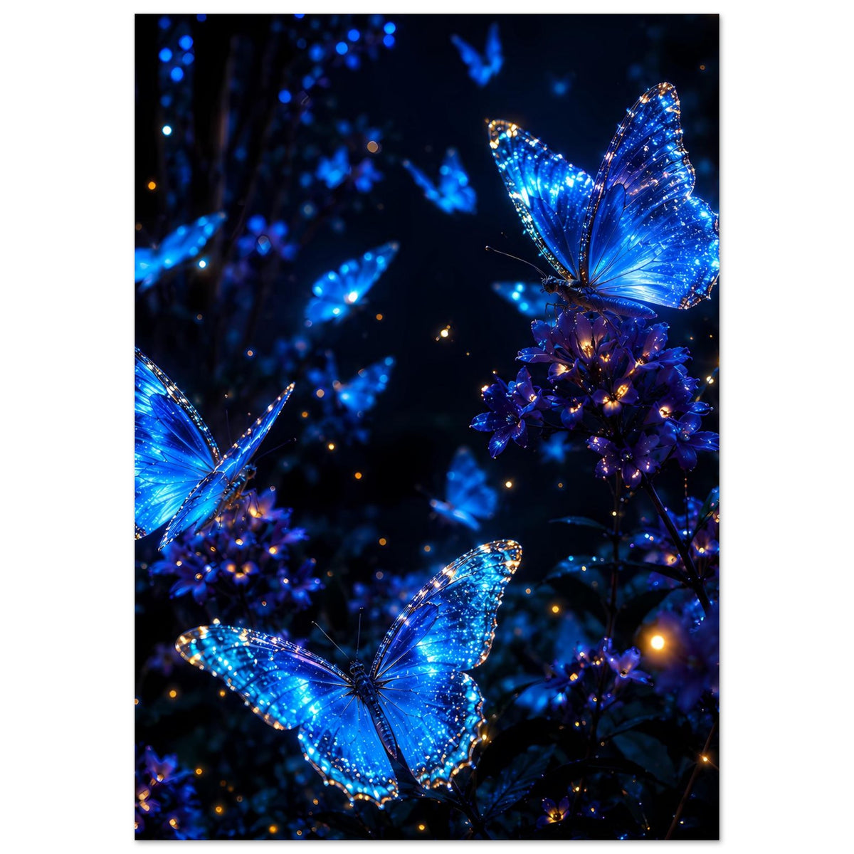 Hochformat-Poster mit leuchtenden blauen Schmetterlingen auf dunkelblauem Hintergrund