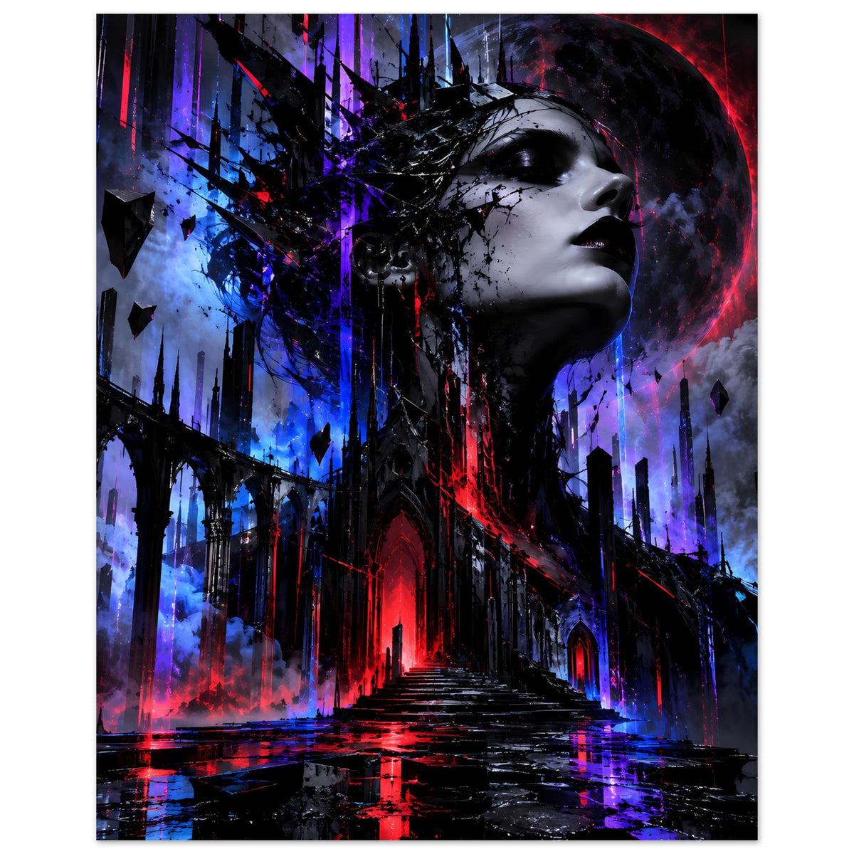 Neon-Gothic-Poster mit seitlichem Porträt, dunklen Türmen, roten Lichtern und Blau