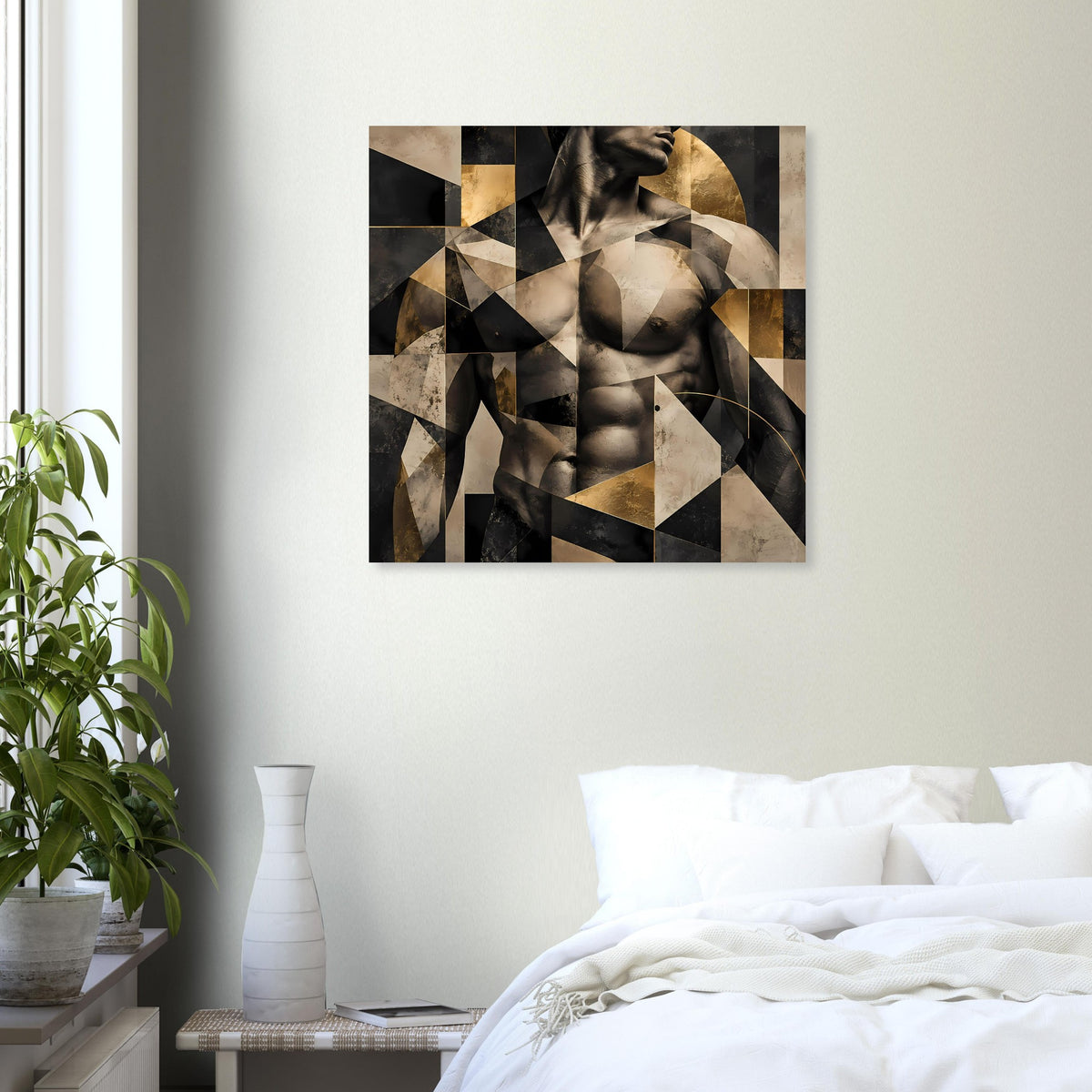 Quadratisches Akt-Poster mit geometrischem Muster, Schwarz, Beige und goldene Akzente