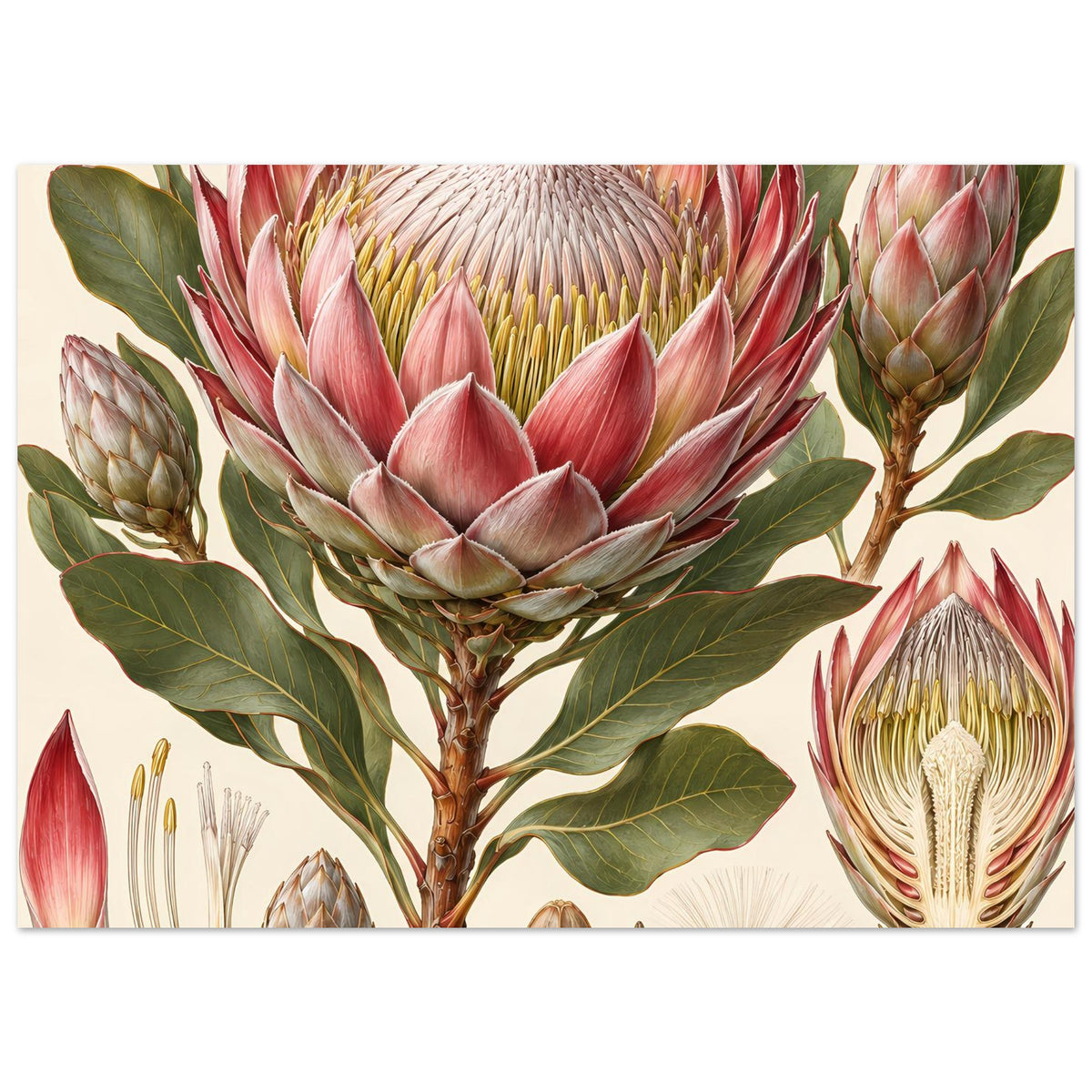 Poster mit Protea-Blumenillustration, breite Darstellung mit mehreren Blütenformen