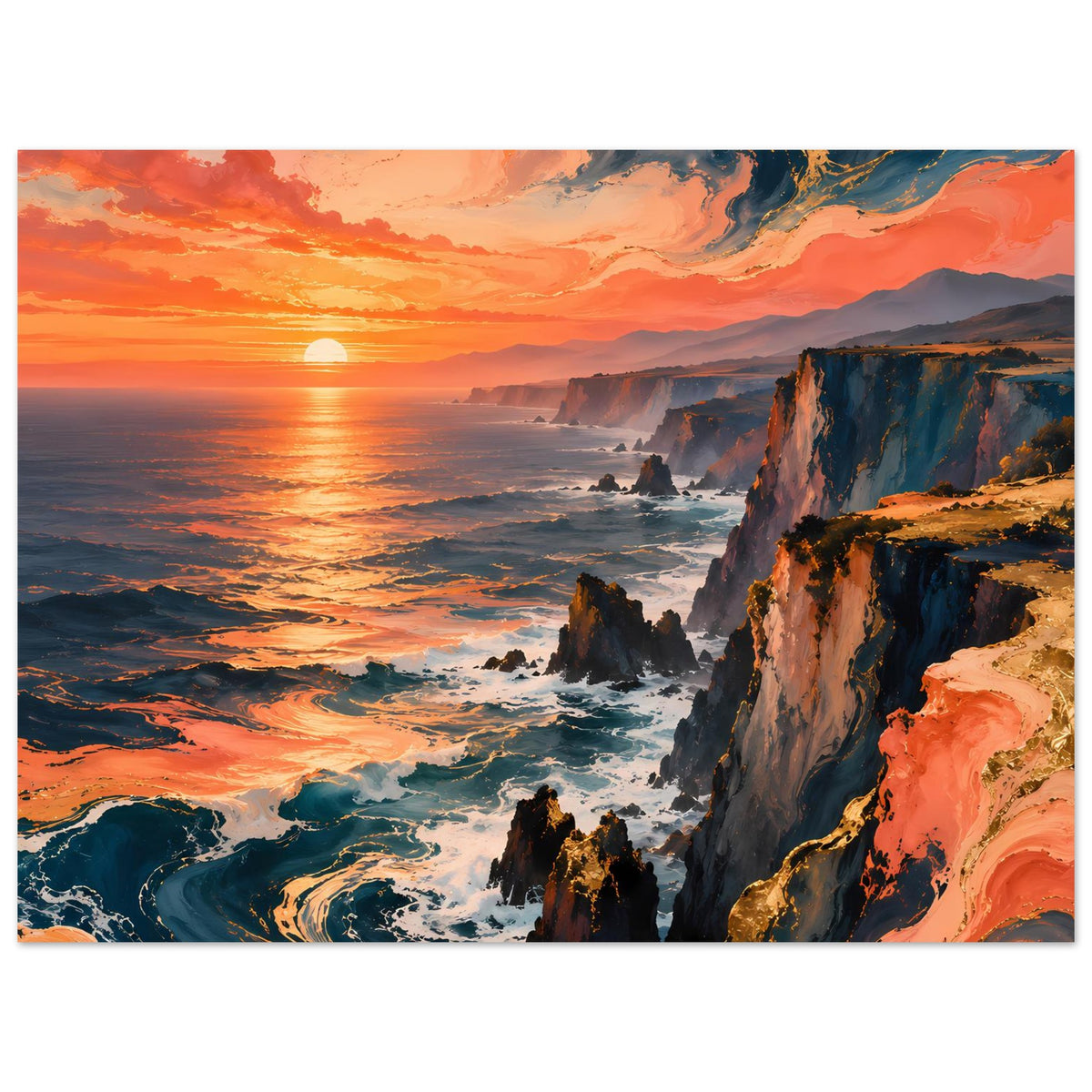 Horizontales Poster mit Sonnenuntergang über dem Ozean, Felsklippen und Brandungswellen