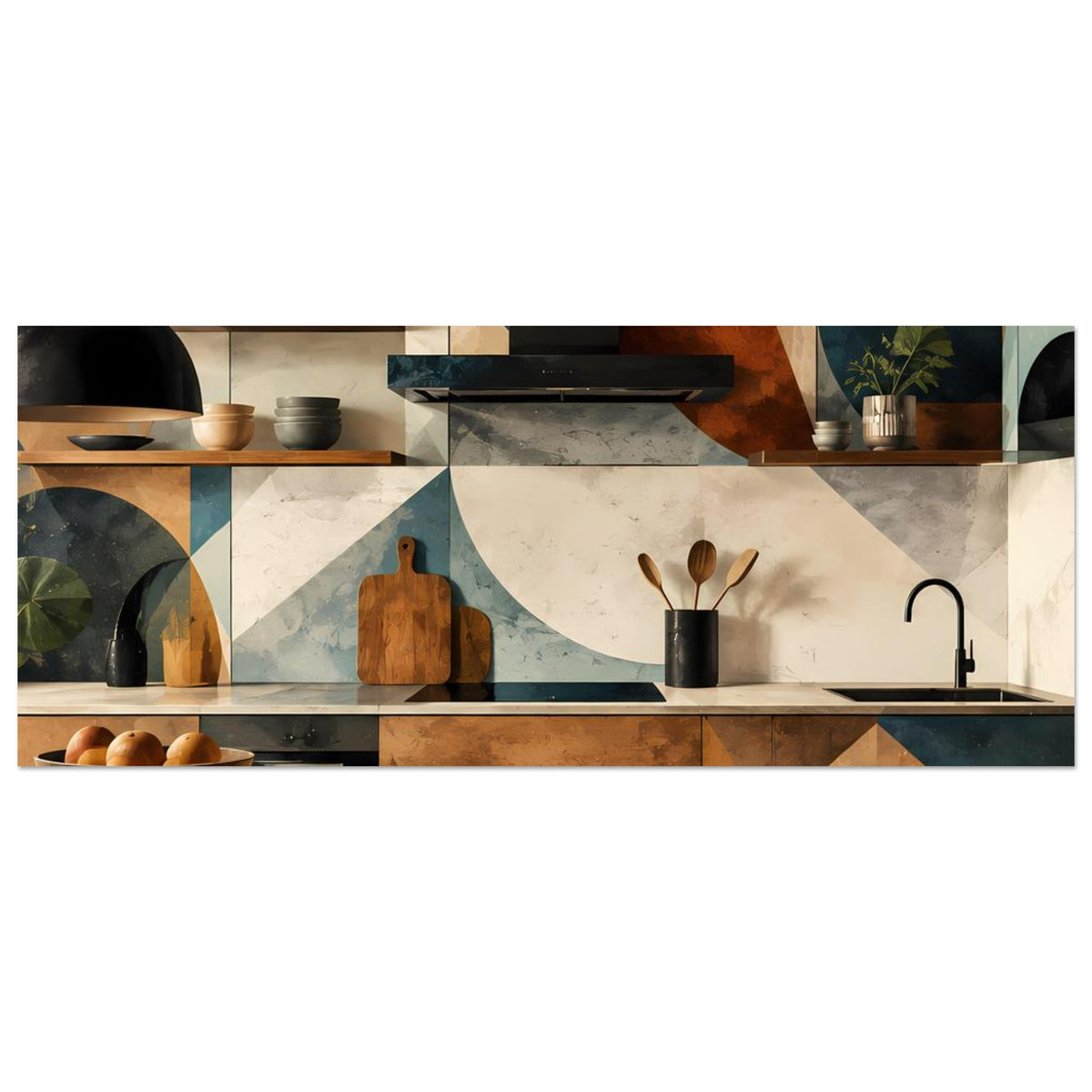 Geometrisches Küchenkunst-Poster als Panorama mit Herd, Küchenregal und Blumen