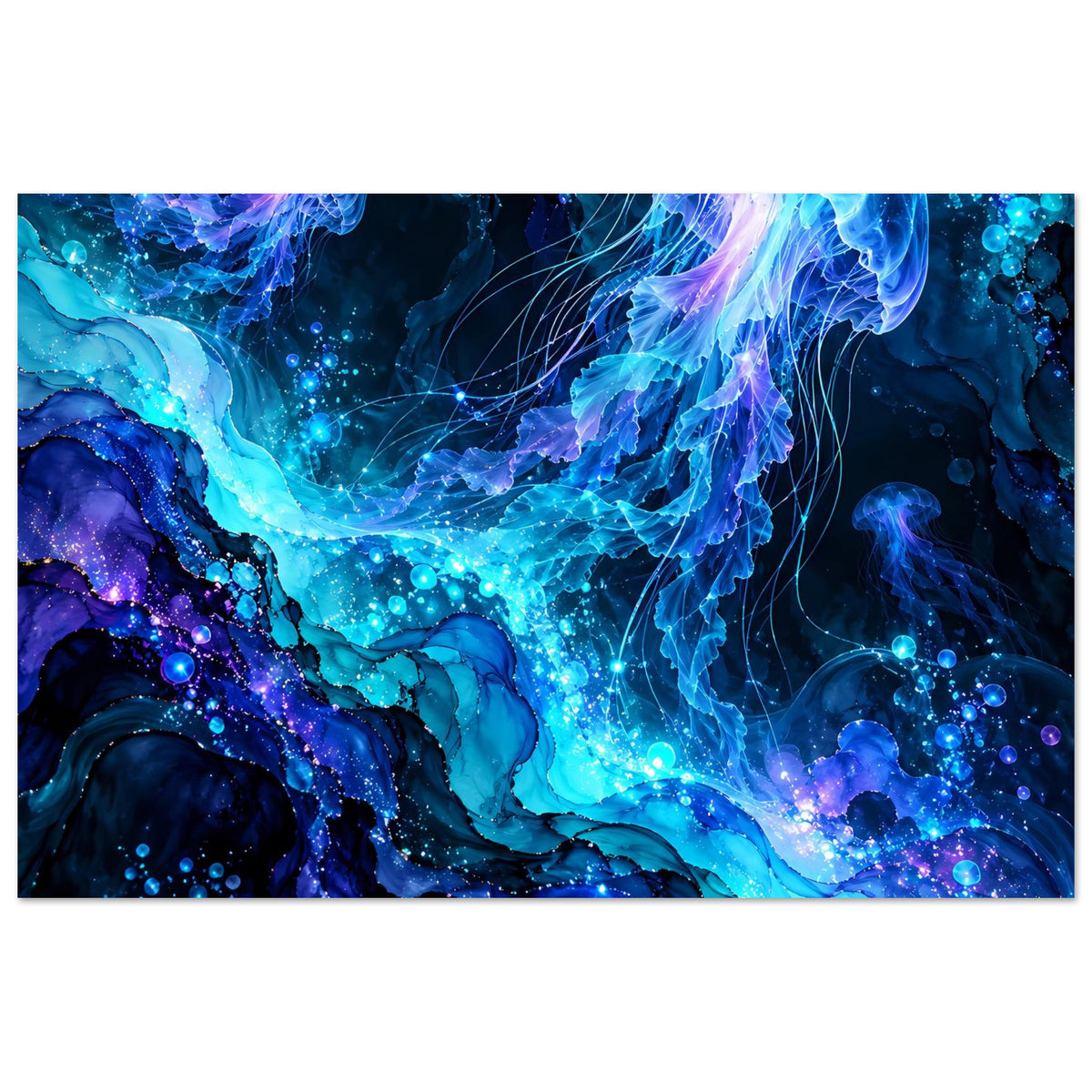 Leuchtendes Quallen-Poster im Querformat mit blauen und violetten Strukturen sowie glühenden Blasen