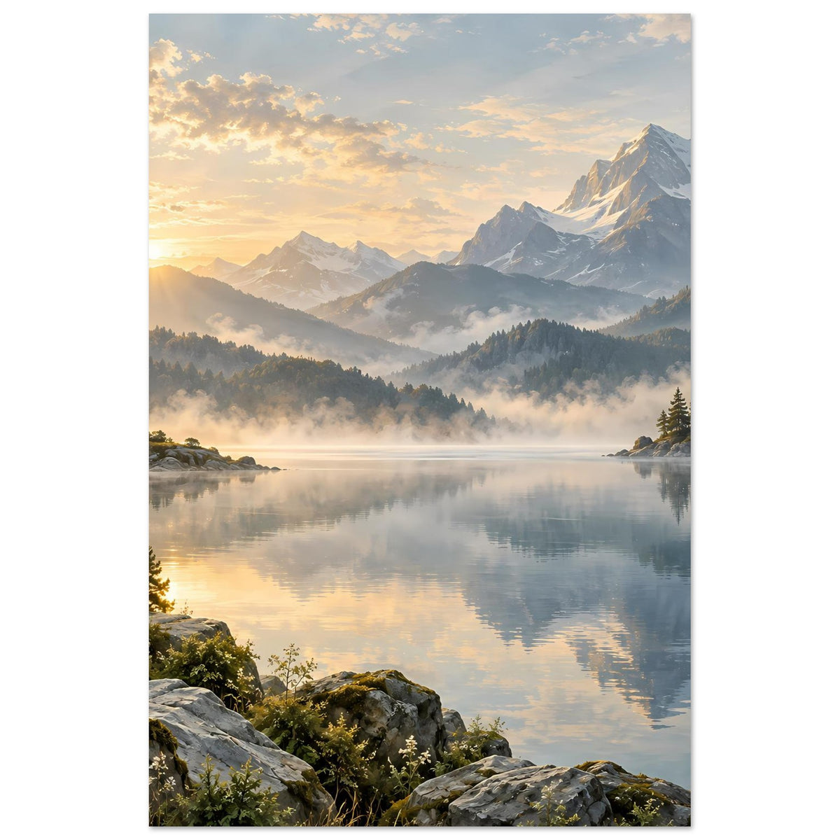 Vertikales Landschaftsposter: ruhiger Bergsee mit Nebel, Felsen im Vordergrund und Berggipfeln
