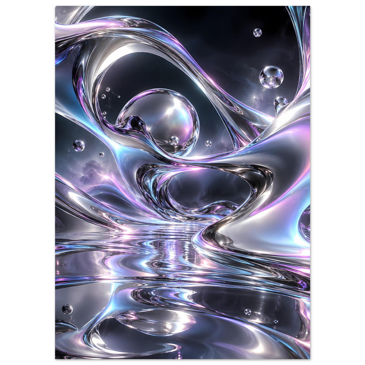 Liquid-Chrome Poster: silber-blaue Reflexionen, geschwungene Flächen, Kugeln