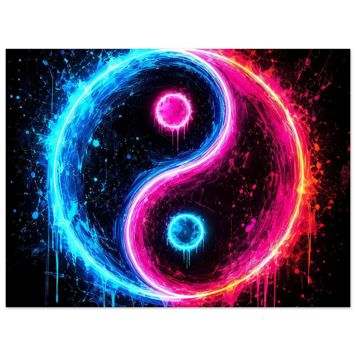 Poster mit leuchtendem Yin-Yang-Symbol in Neonblau, Pink und abstrakten Farbspritzern
