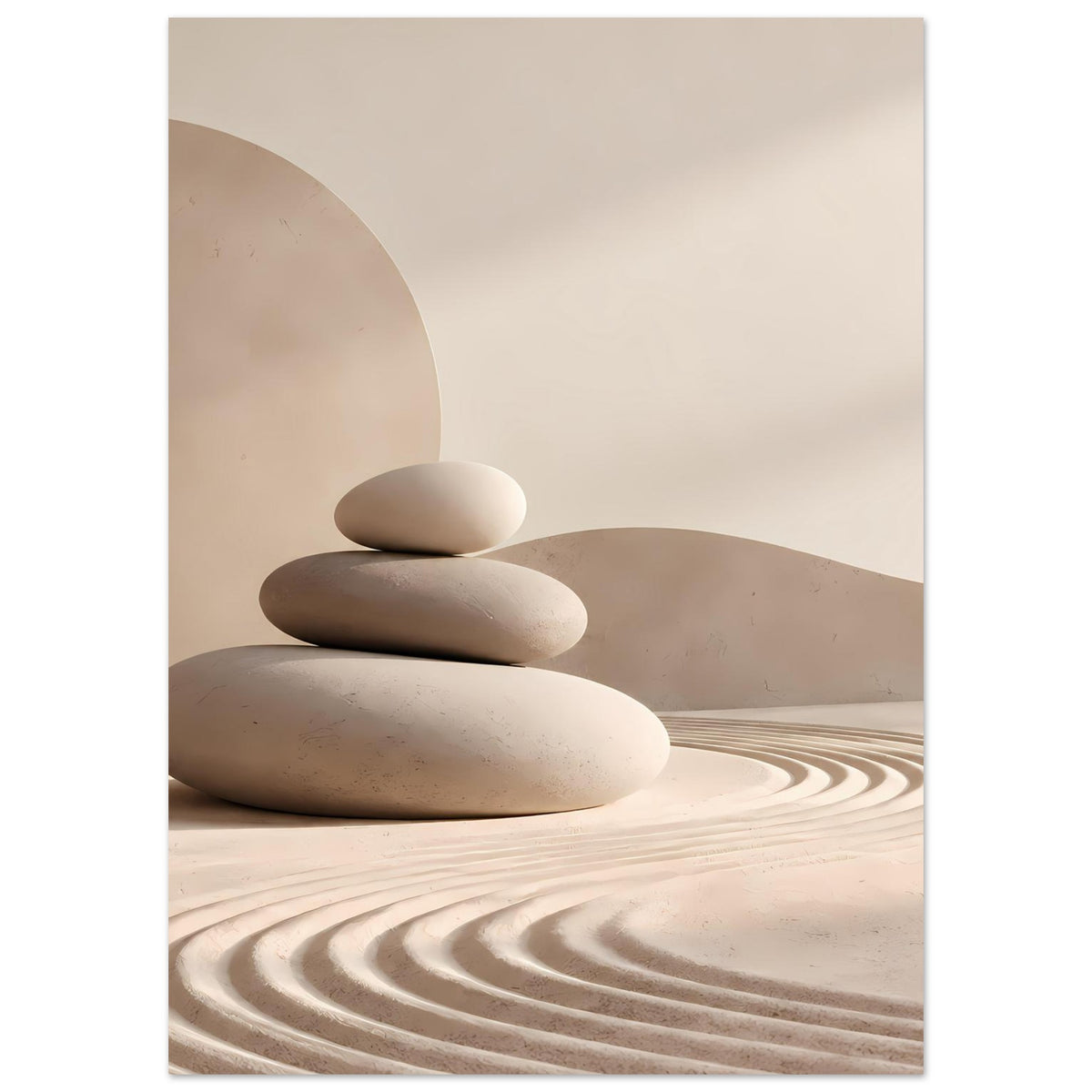 Zen-Balance-Poster: Stapel glatter Steine auf beigem Sand mit sichtbaren Wellenlinien.
