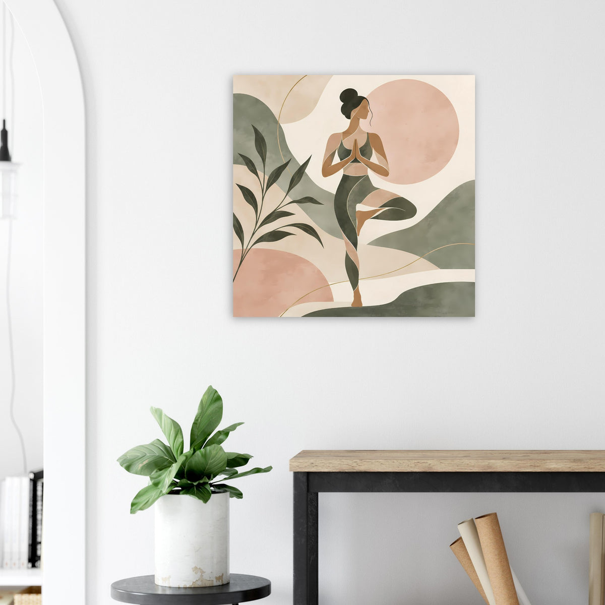 Poster mit abstrakter Yoga-Figur in Salbeigrün und Rosé