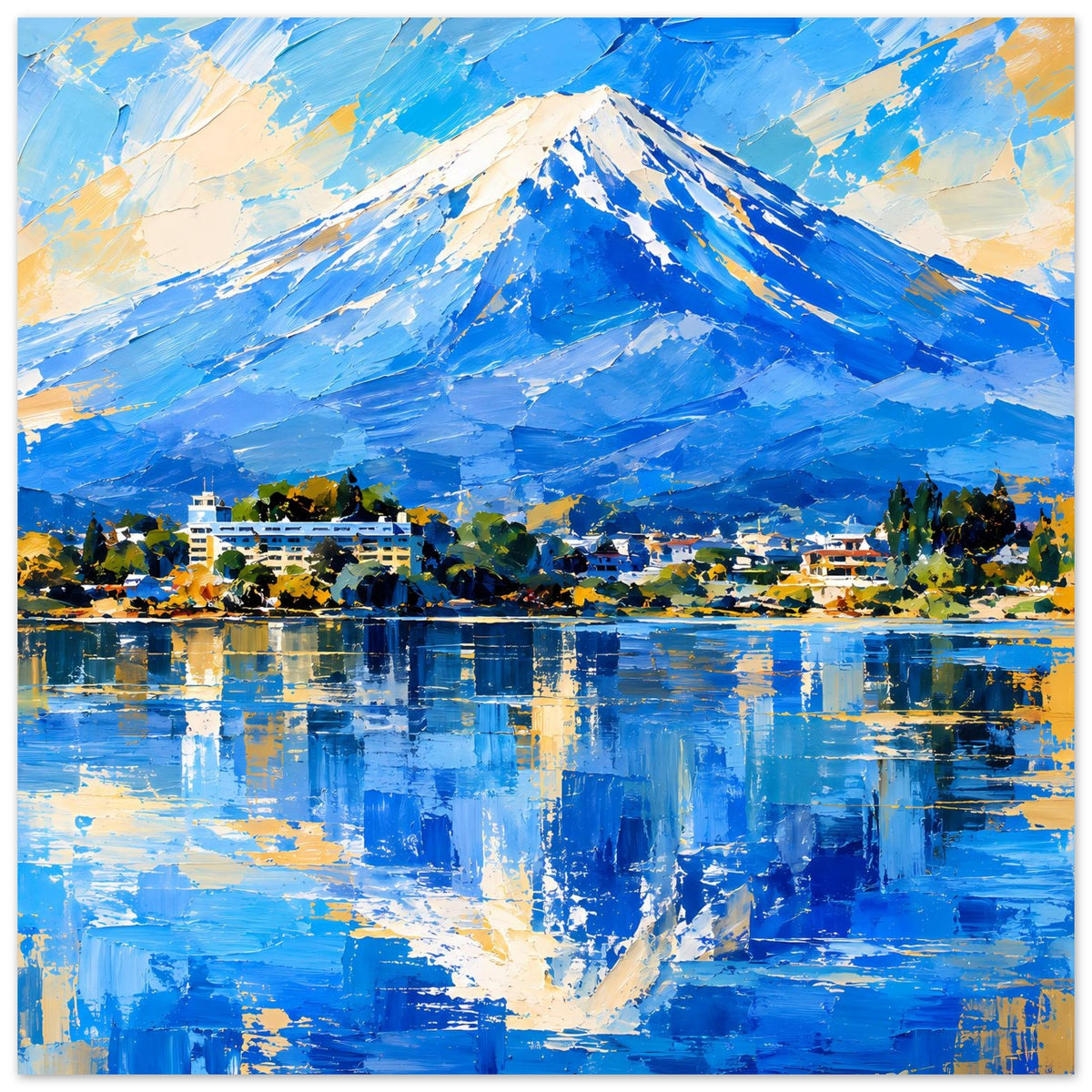 Wandkunst im Querformat: blauer Berg über Dorf und spiegelndem Gewässer