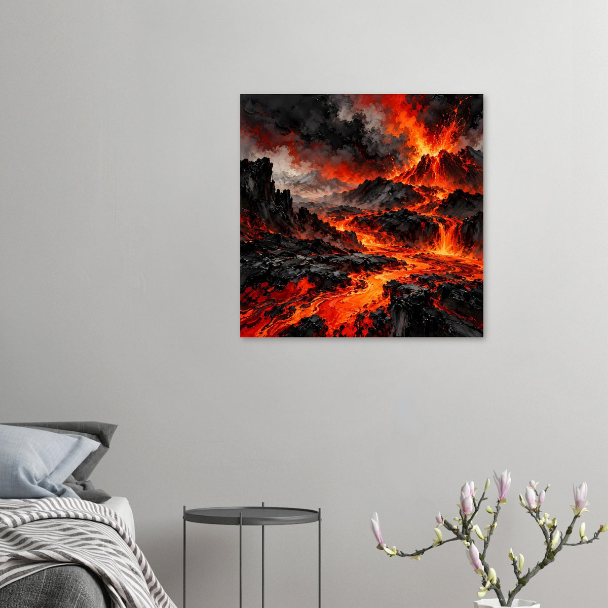 Vulkan-Ausbruch-Poster mit glühendem Lavastrom, Aschwolken und zerklüfteten Felsen in Rotorange