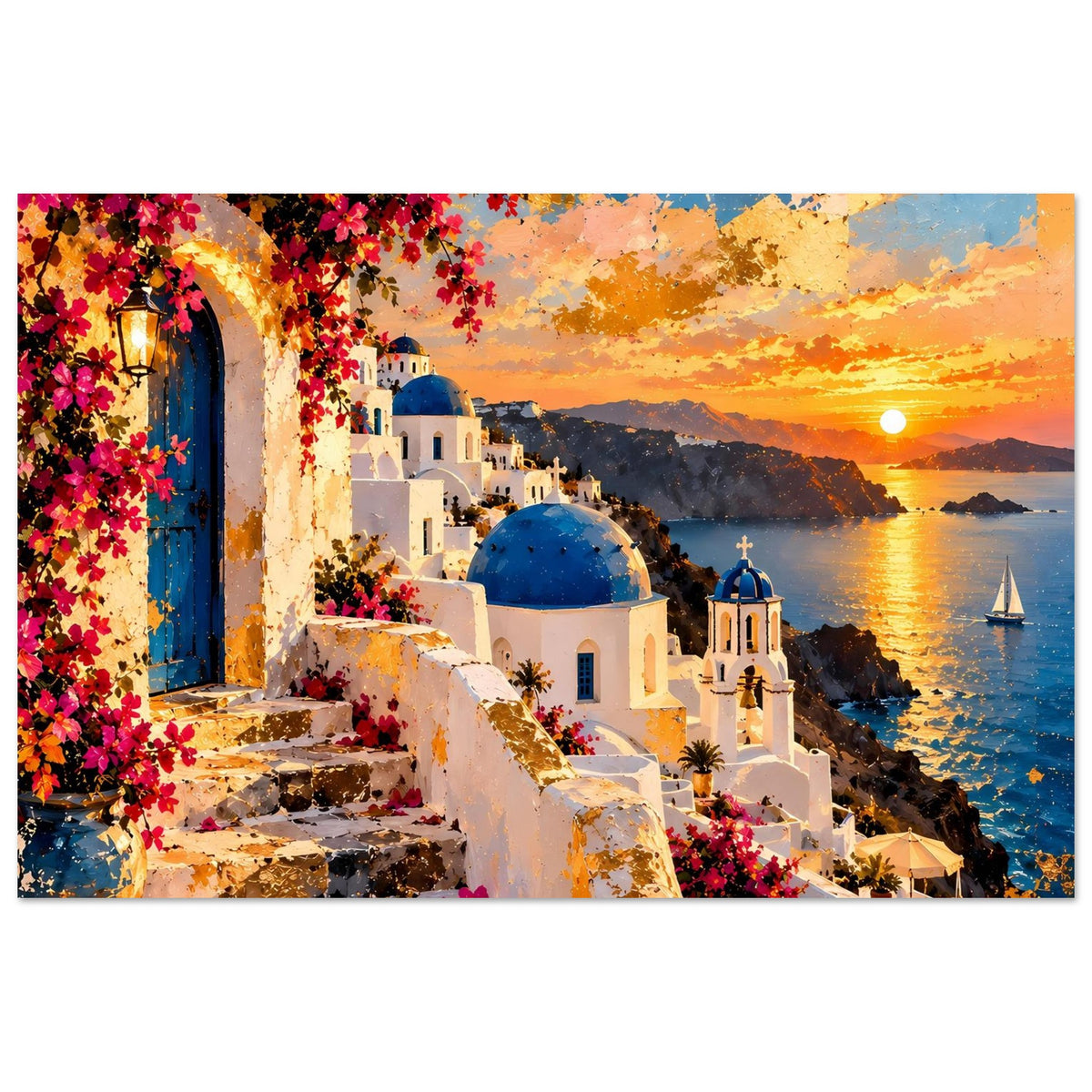 Poster mit Santorini-Gasse, blühenden Sträuchern, blauer Kuppel und orangefarbenem Sonnenuntergang