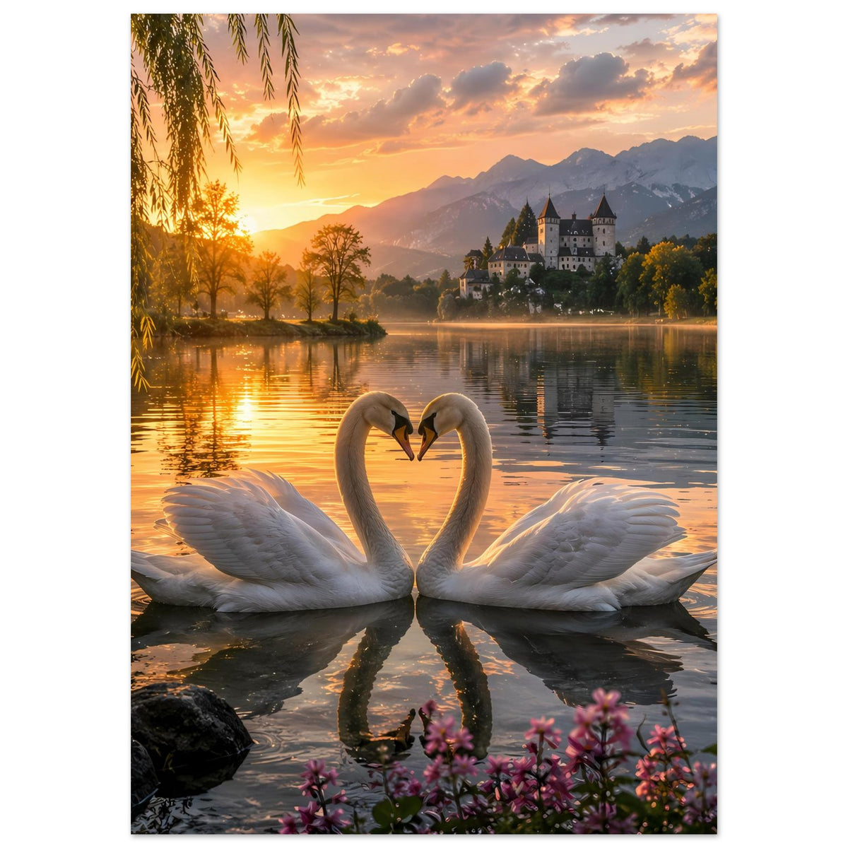 Hochformat-Poster mit zwei Schwänen im Herzmotiv, Fels und rosafarbene Blüten unten