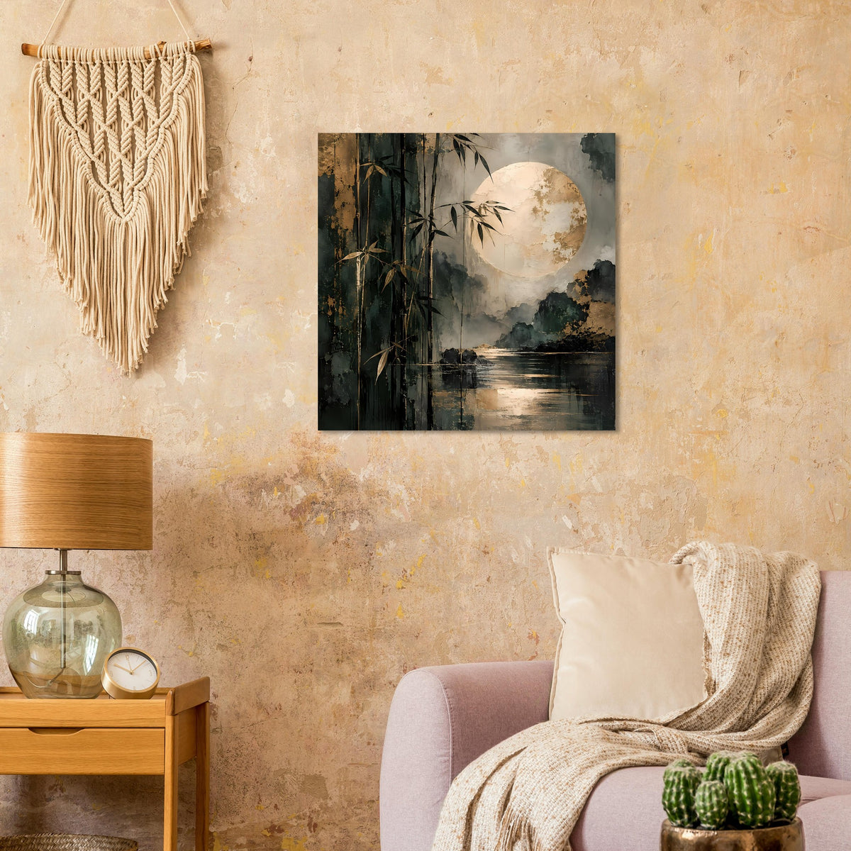 Gerahmtes Poster mit Bambus und Fluss, goldener Mond über dunkler Vegetation