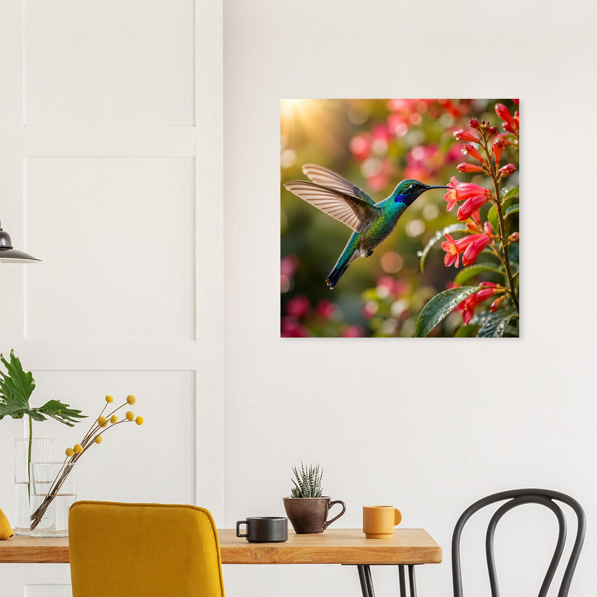 Quadratisches Poster mit Kolibri und roten Blüten vor unscharfem Hintergrund