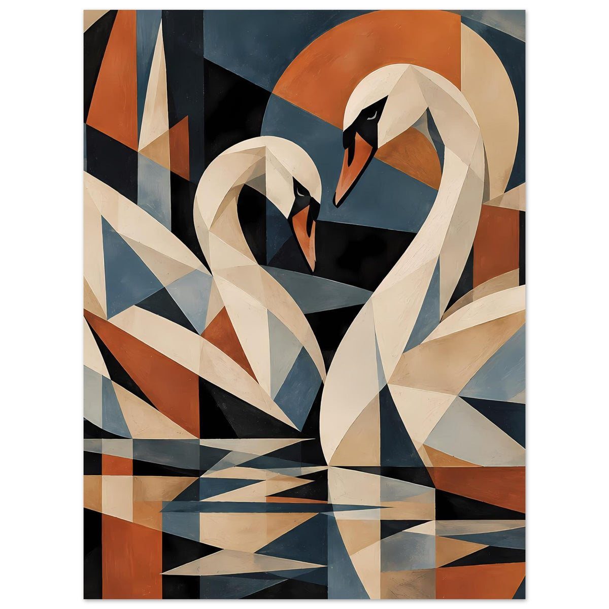 Schwanen-Poster mit abstraktem Federflügel-Muster in Beige, Dunkelblau und Rostrot