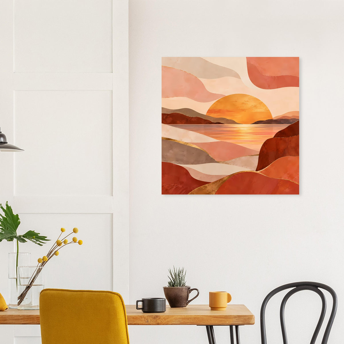 Quadratisches Wandposter mit abstrakter Landschaft, Sonne und Wellen in warmen Erdtönen