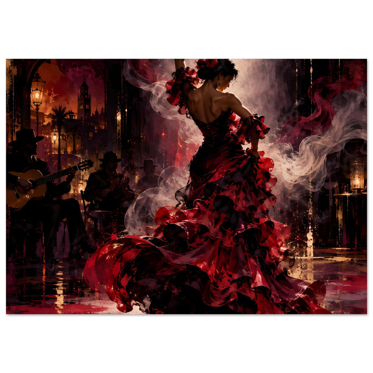 Flamenco-Passion-Poster mit Tänzerin im roten Kleid, Blumenkranz und erhobenem Arm