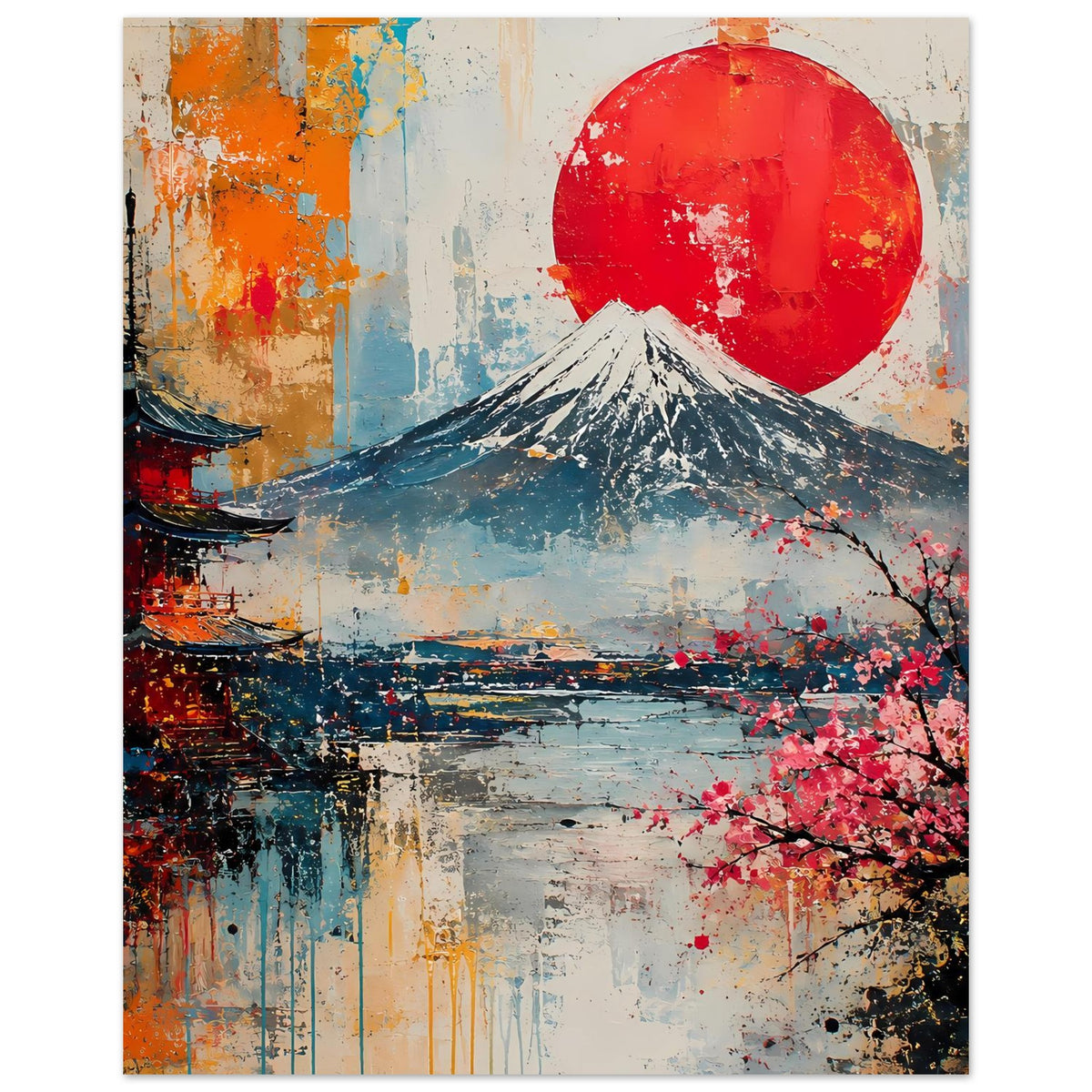 Poster mit Fuji, roter Sonne und Kirschblüten vor abstrakten Stadt-Elementen