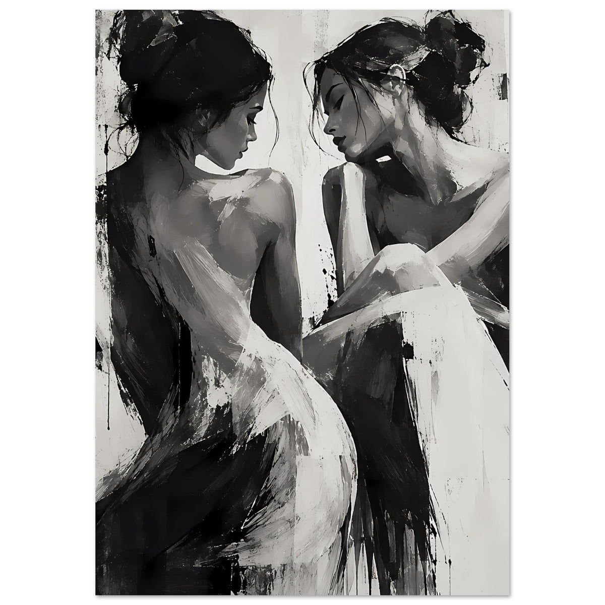Schwarzweiß-Porträtposter mit zwei Frauen im Dialog, expressive Pinselstriche, Hochformat