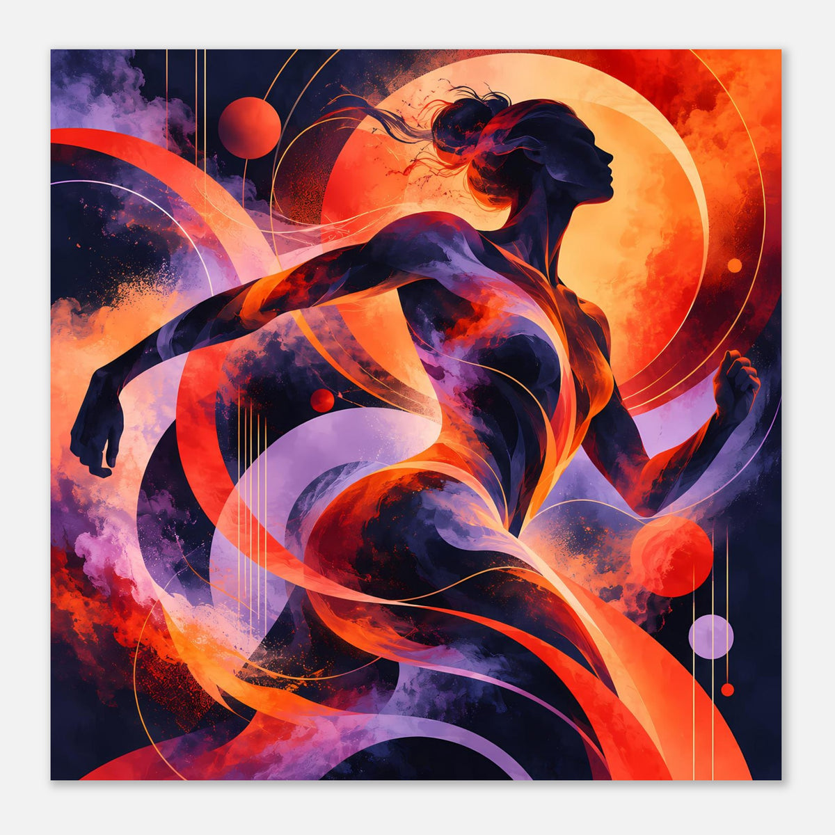 Quadratnahes Poster mit abstrakter Frauensilhouette, Kreise und Sprenkel in Orange und Lila