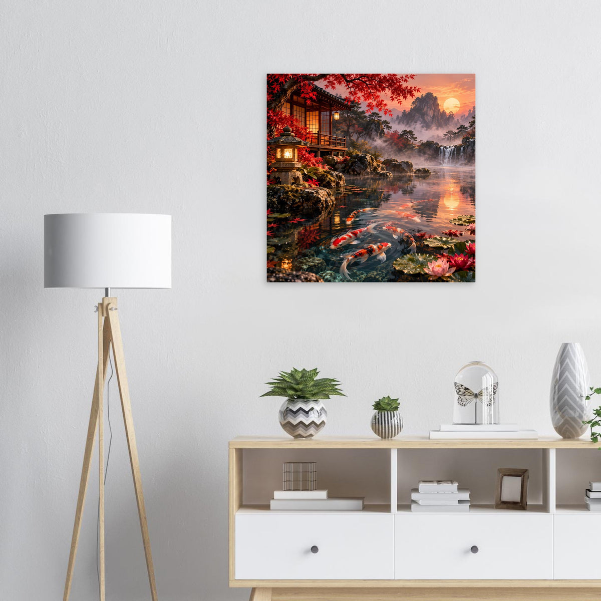 Gerahmtes Poster: Koi-Fischteich im Zen-Garten mit rotlaubigen Bäumen und Sonnenuntergang