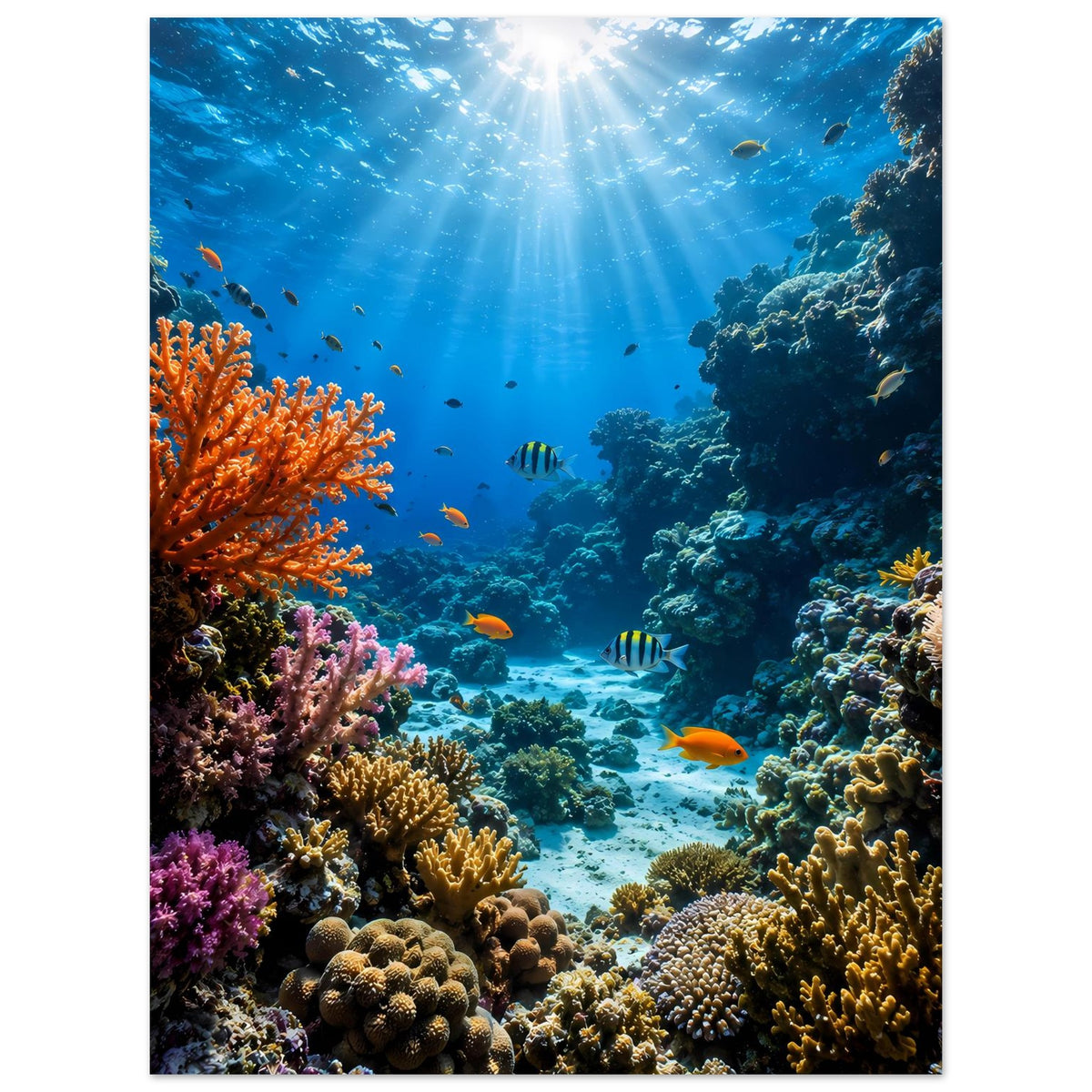 Unterwasser-Poster (Hochformat) mit Korallenriff, tropischen Fischen und Sonnenstrahlen