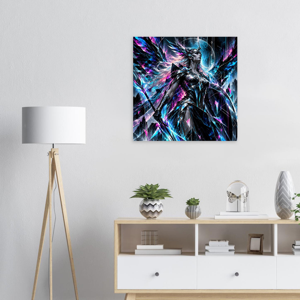 Quadratisches Poster mit Valkyrie-Figur in Neonblau und Pink, abstrakte Energieblitze