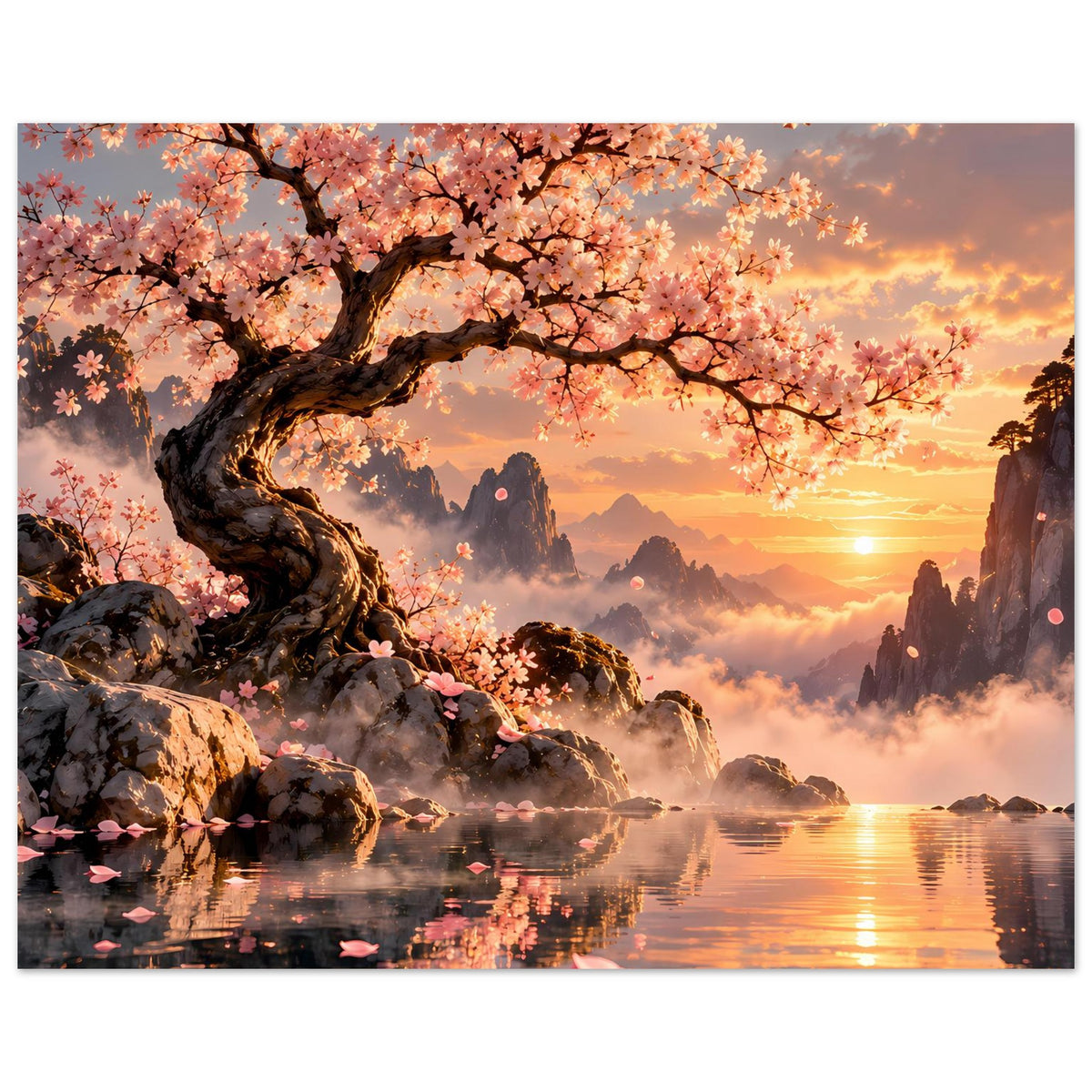 Horizontales Poster mit blühenden rosa Baumkronen, Felsenküste und Sonnenuntergang über dem Wasser