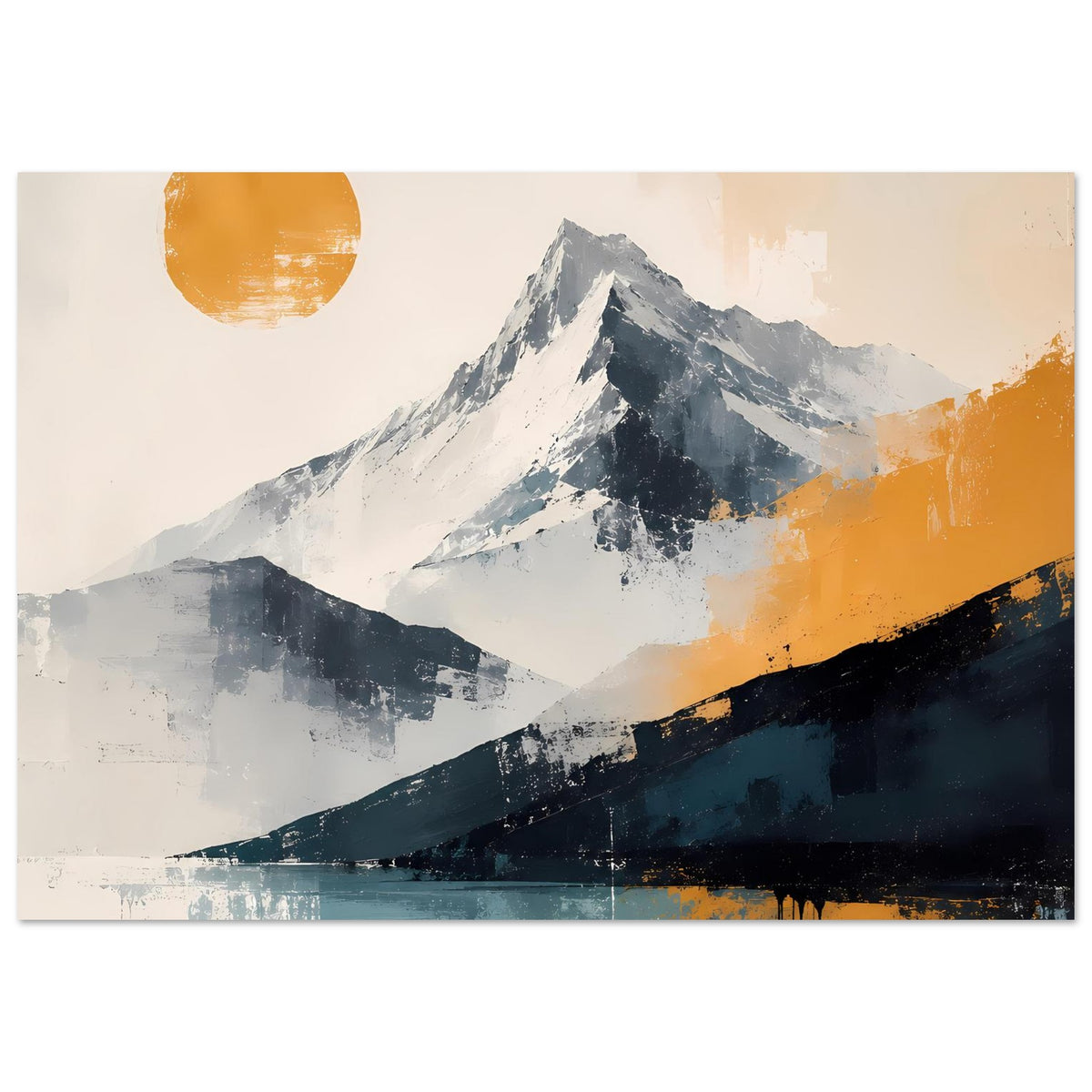 Querformat-Poster: abstrakte Berglandschaft mit orangefarbenem Sonnenkreis und blau-grauen Gipfeln.
