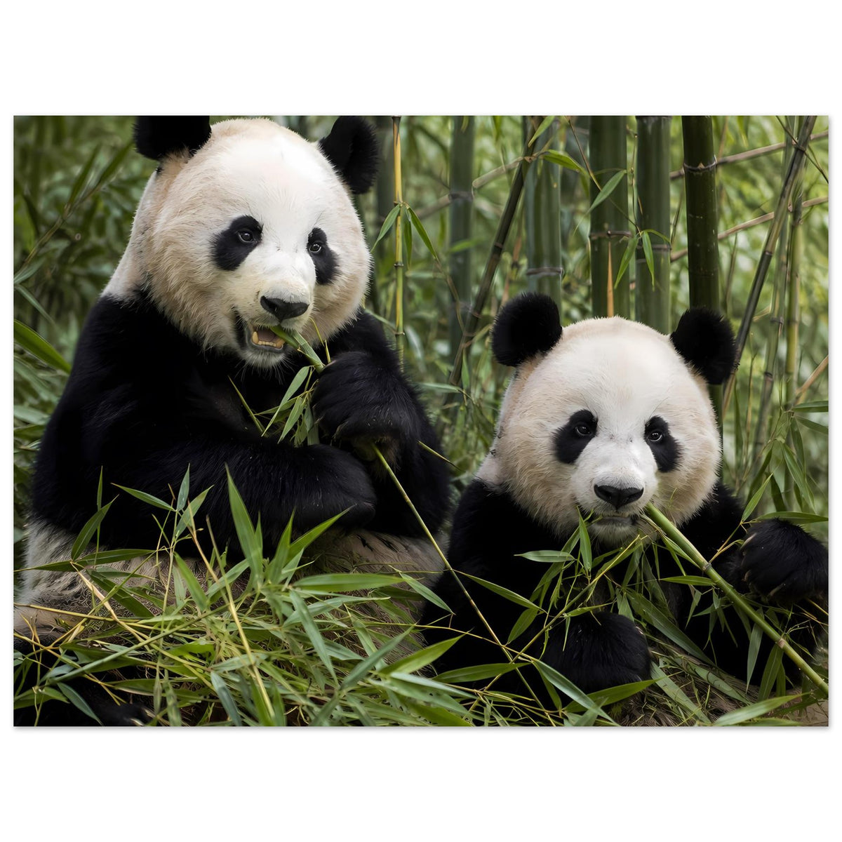 Poster mit zwei Pandas auf Bambusgras, weißes Gesicht und schwarze Augenringe