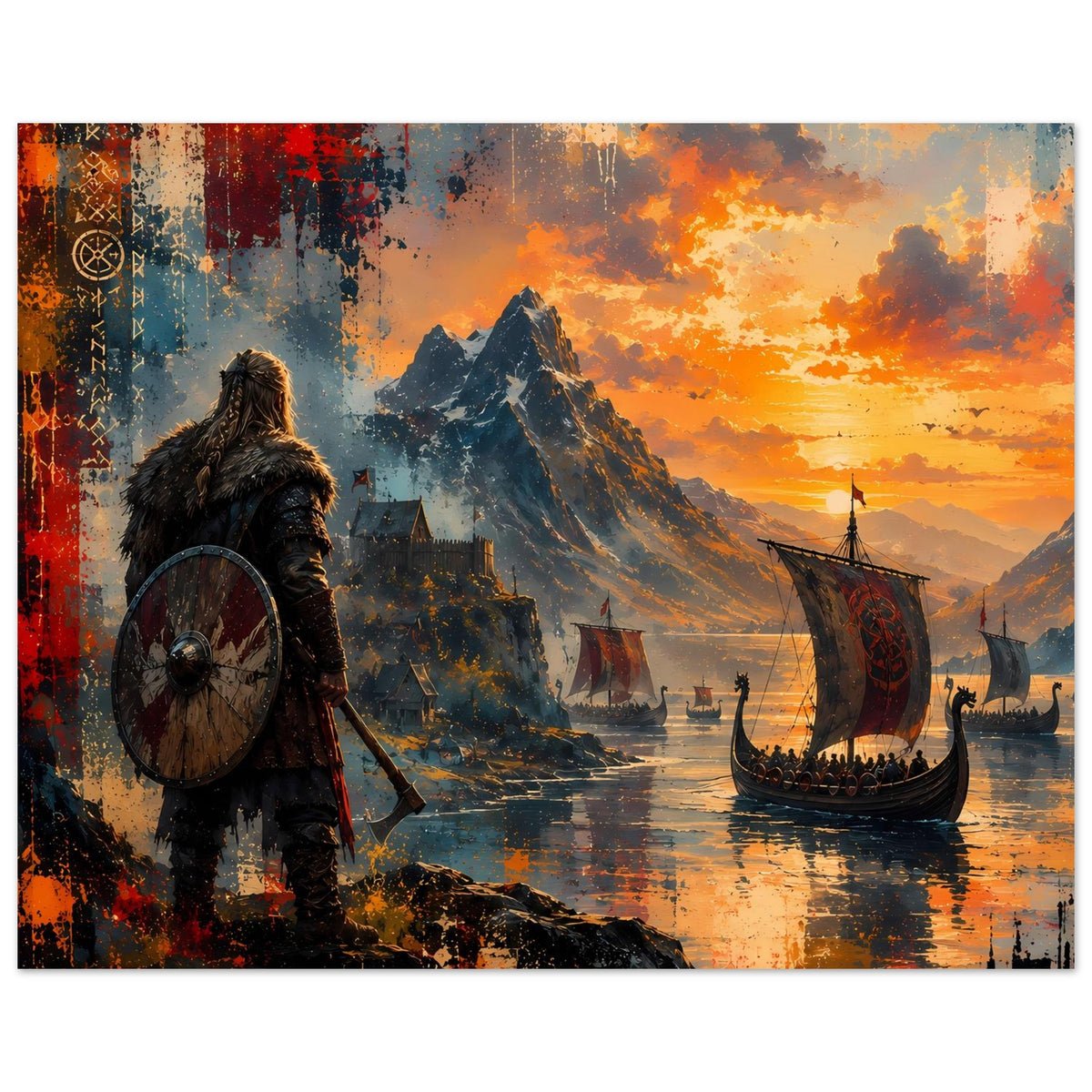 Nordisches Poster: Wikingerkrieger mit Rundschild links, Kriegsschiff rechts, orangefarbener Himmel