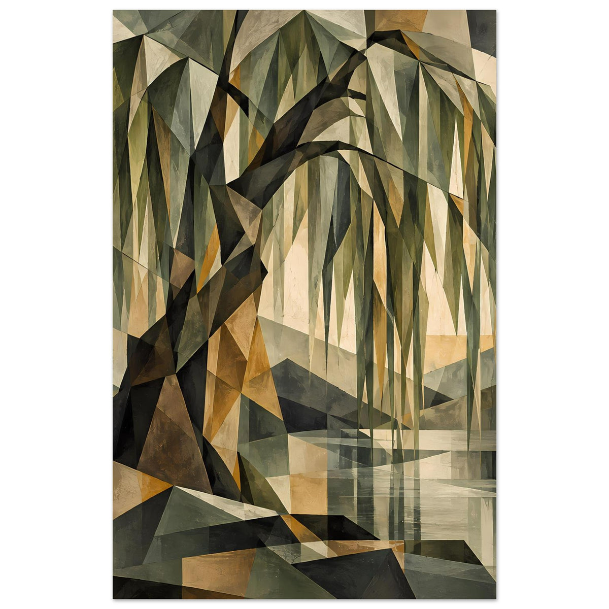 Vertikales Poster mit geometrischem Weidenbaum, erdige Grüntöne, schwarzer Schattenbereich links