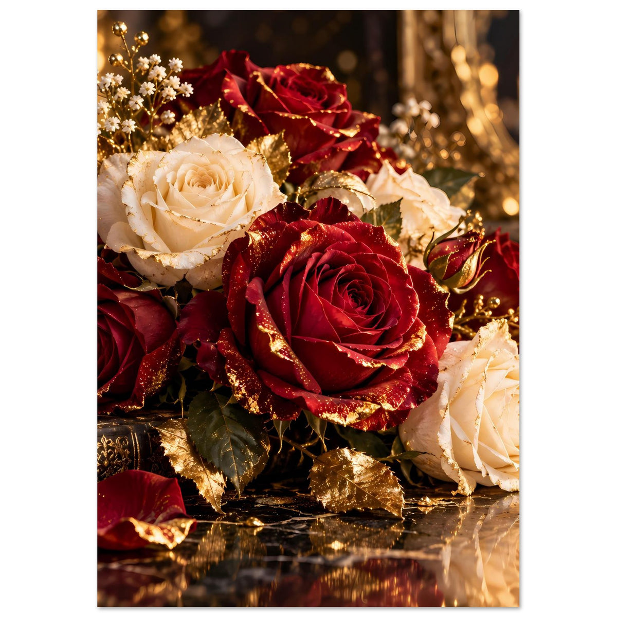 Poster: Rosenstrauß in Bordeauxrot, Cremeweiß & Gold, Komposition mit roten und weißen Rosen