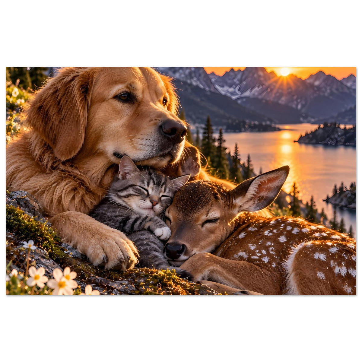 Querformat-Poster mit braunem Hund, schlafender Katze und Reh bei Sonnenuntergang im Gebirge