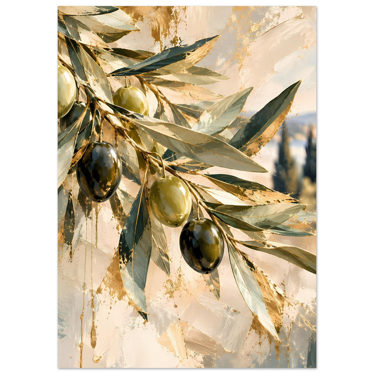 Kunstposter mit Olivenzweigen, hängenden Oliven und Blattwerk in dunklem Oliv und Gold