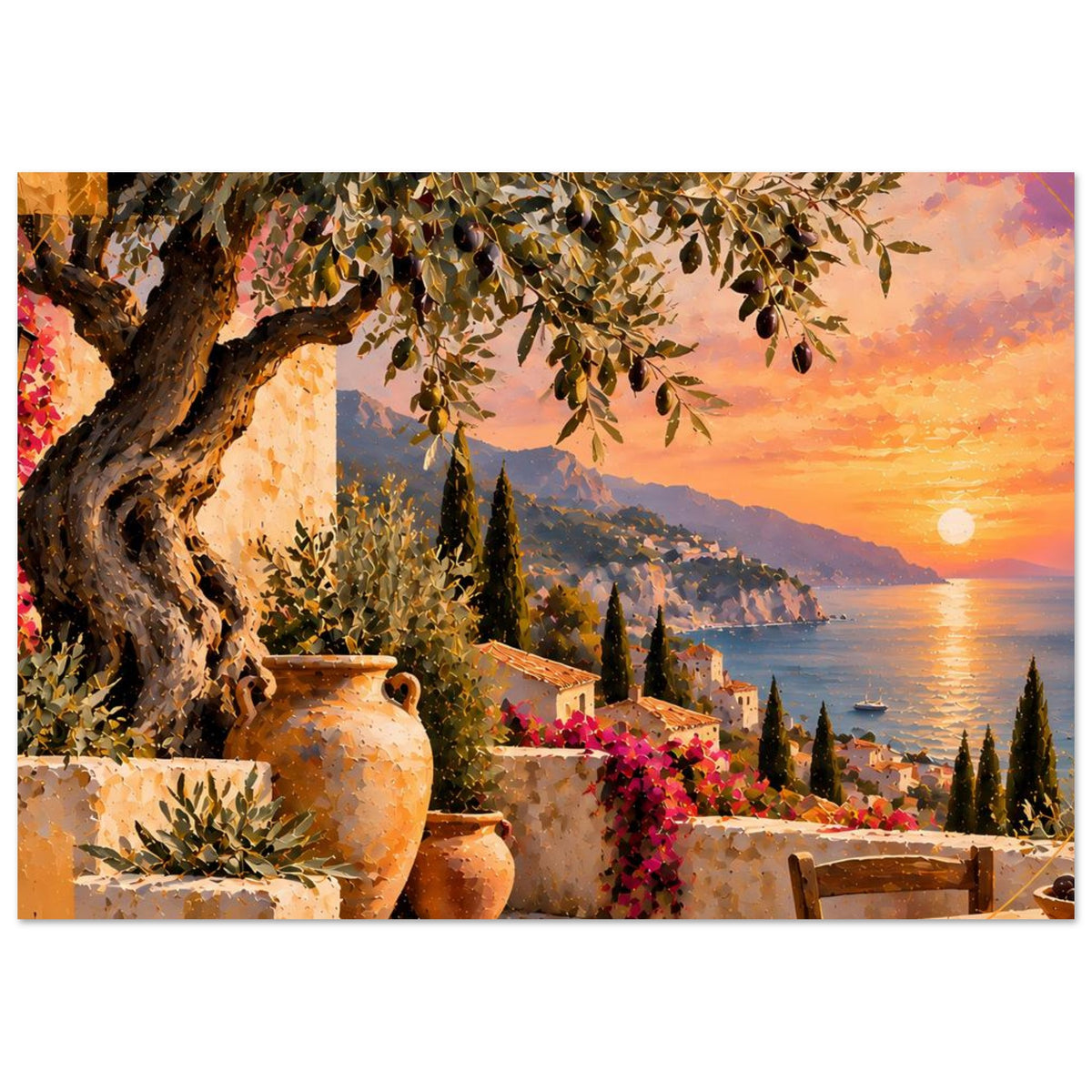 Kunstdruck-Poster (querformat) mit Olivenzweigen, Terrakotta-Vasen, Blüten am Balkon und Abendmeer.