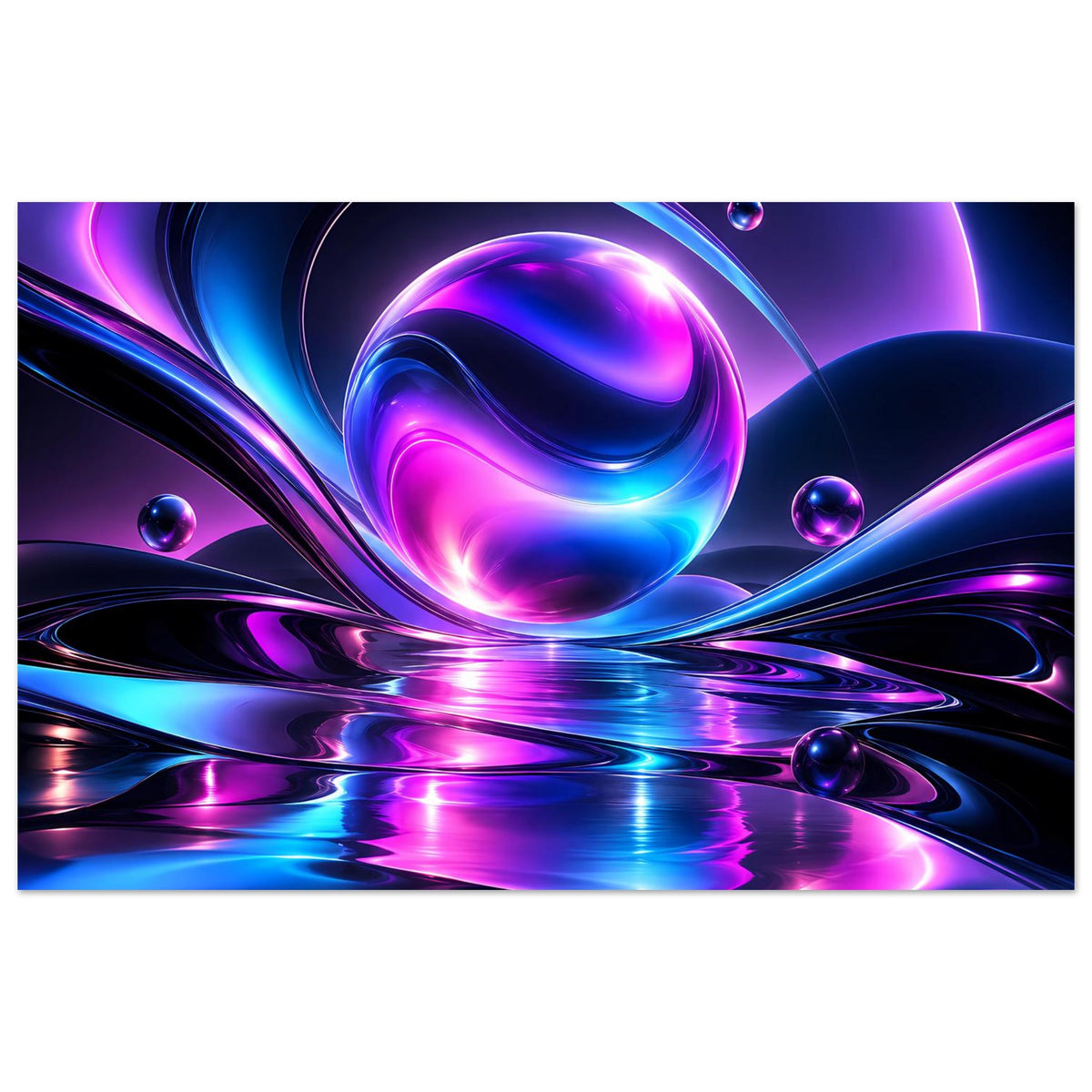 Abstraktes Neonlicht-Poster mit Kugel, gebogenen Lichtbahnen und Spiegelreflexion in Blau/Violett
