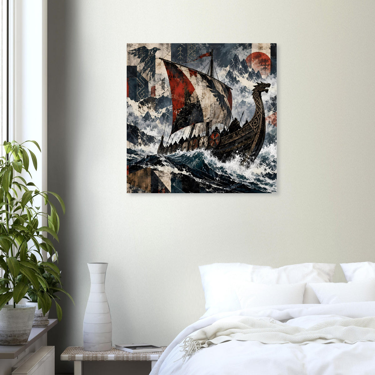 Quadratisches Wikinger-Poster: Langschiff auf Wellen, rote Segelfahne und Himmel mit Mond