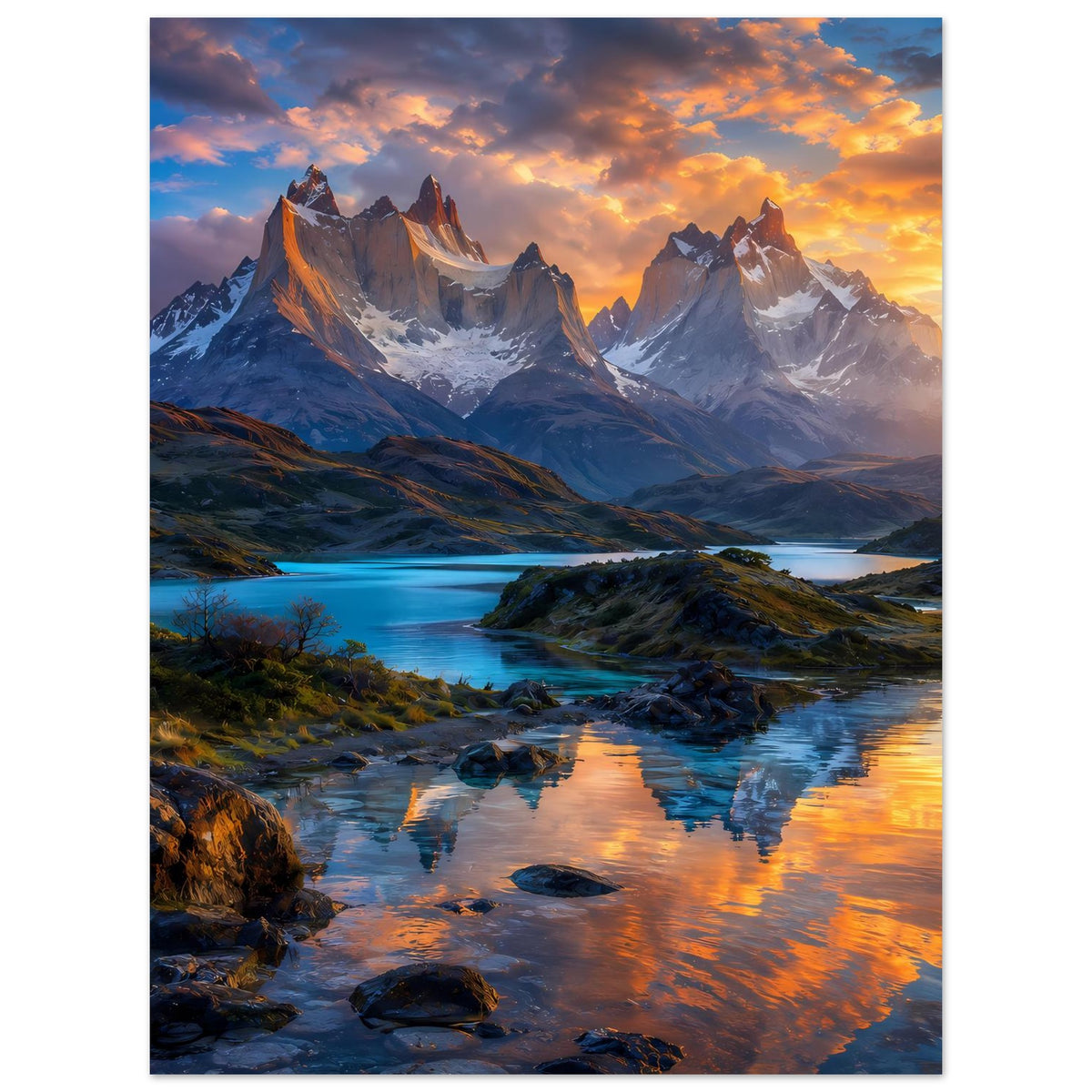 Poster mit Berglandschaft im Sonnenuntergang, Wasser und Berge im warmen Licht, vertikal