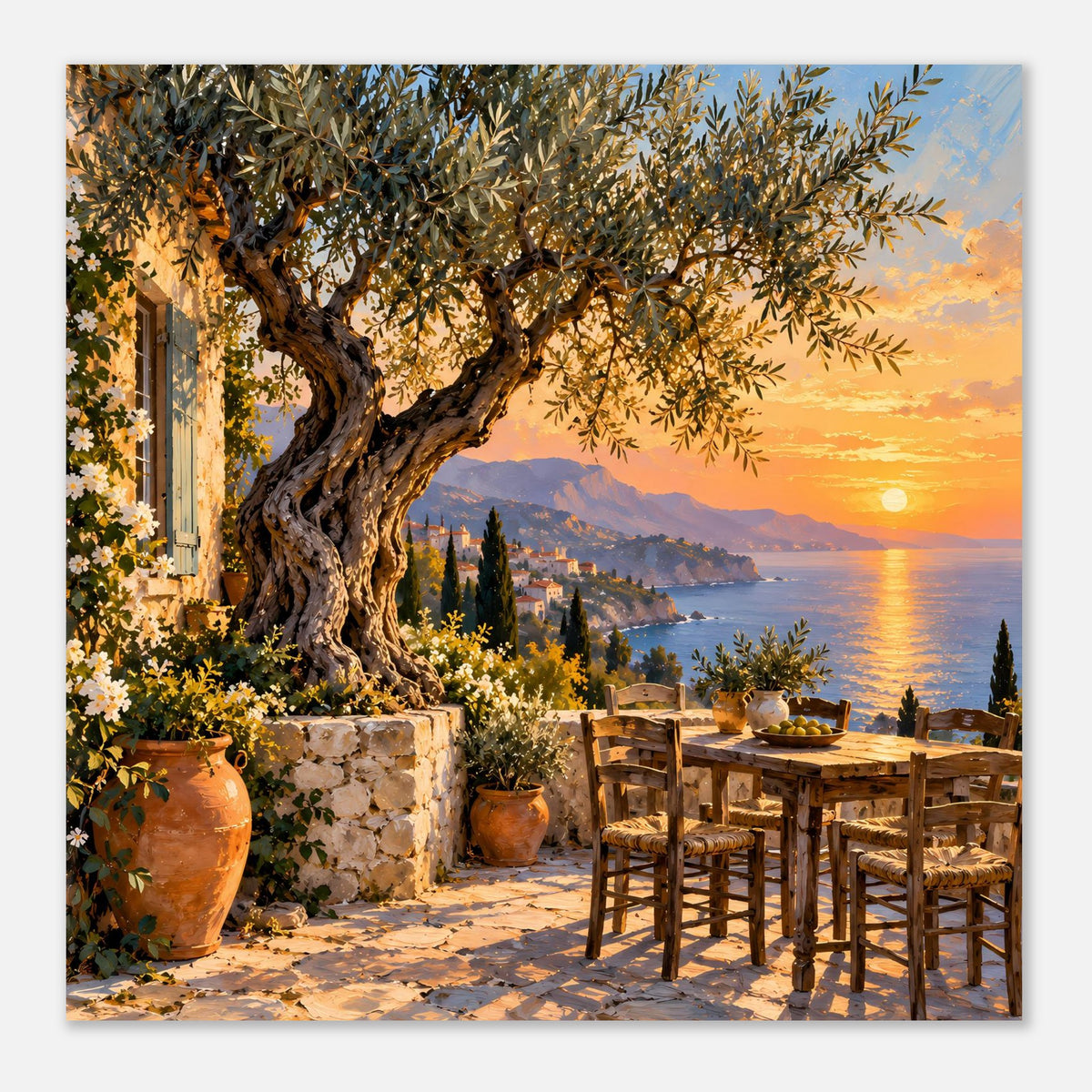 Querformat-Poster mit Meerblick, Olivenzweigen und Terrasse mit Holztisch