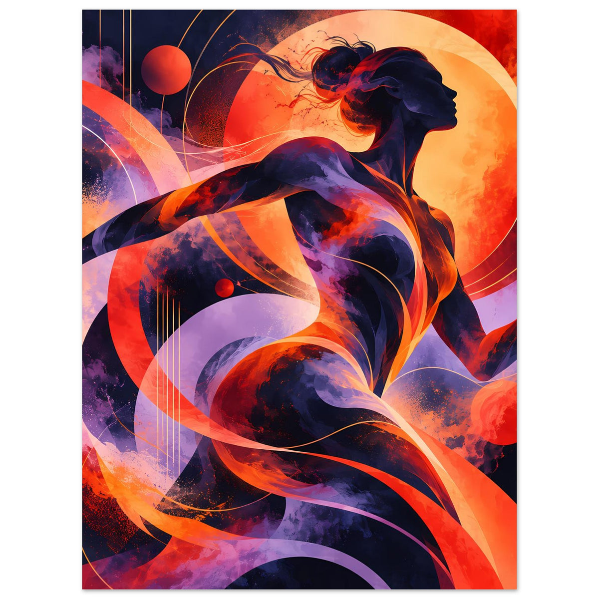 Hochformat-Poster: abstrakte Frau mit Flammen, runde Lichtformen in Orange und Violett.