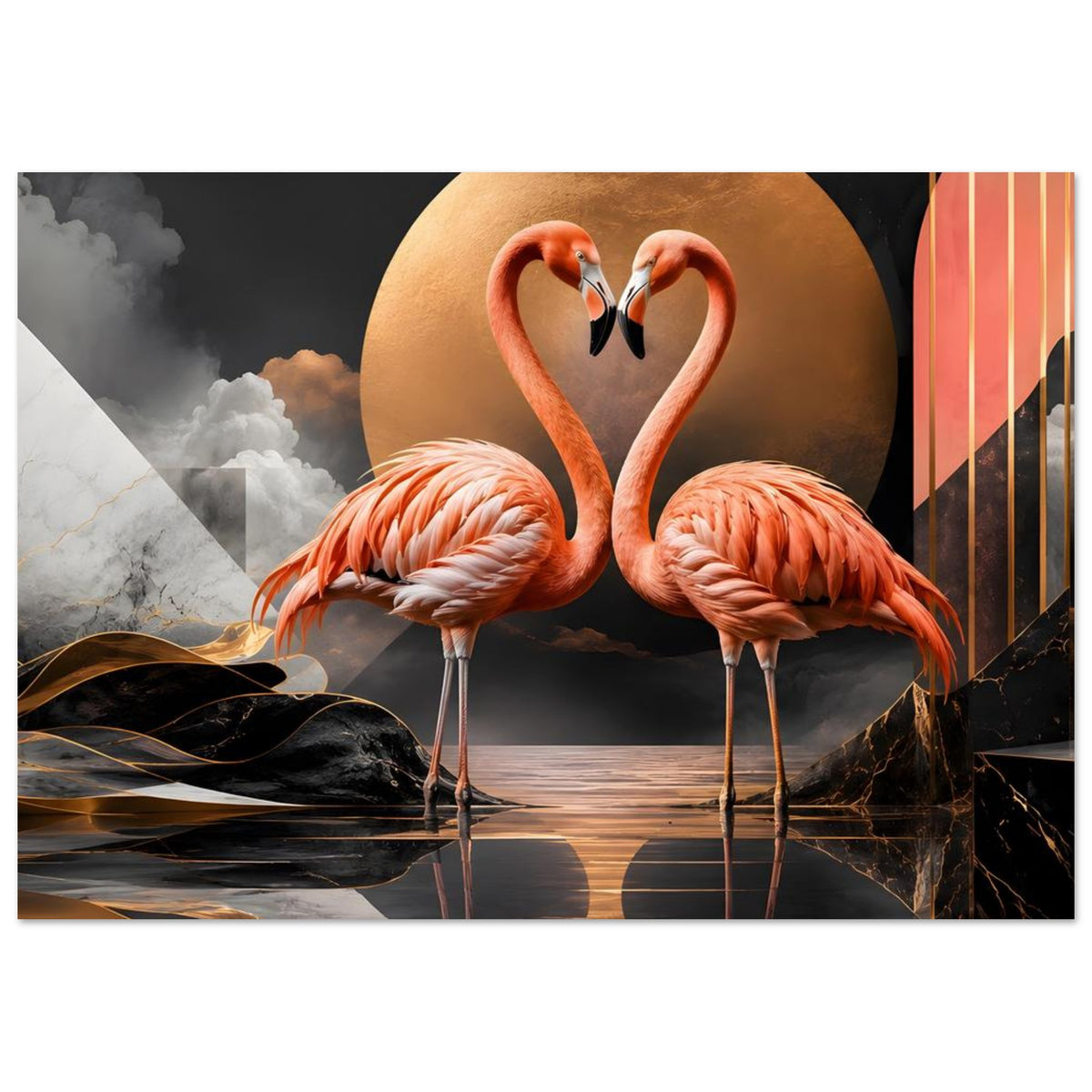 Horizontales Poster mit zwei Flamingos, goldenem Kreis und schwarzen Akzenten