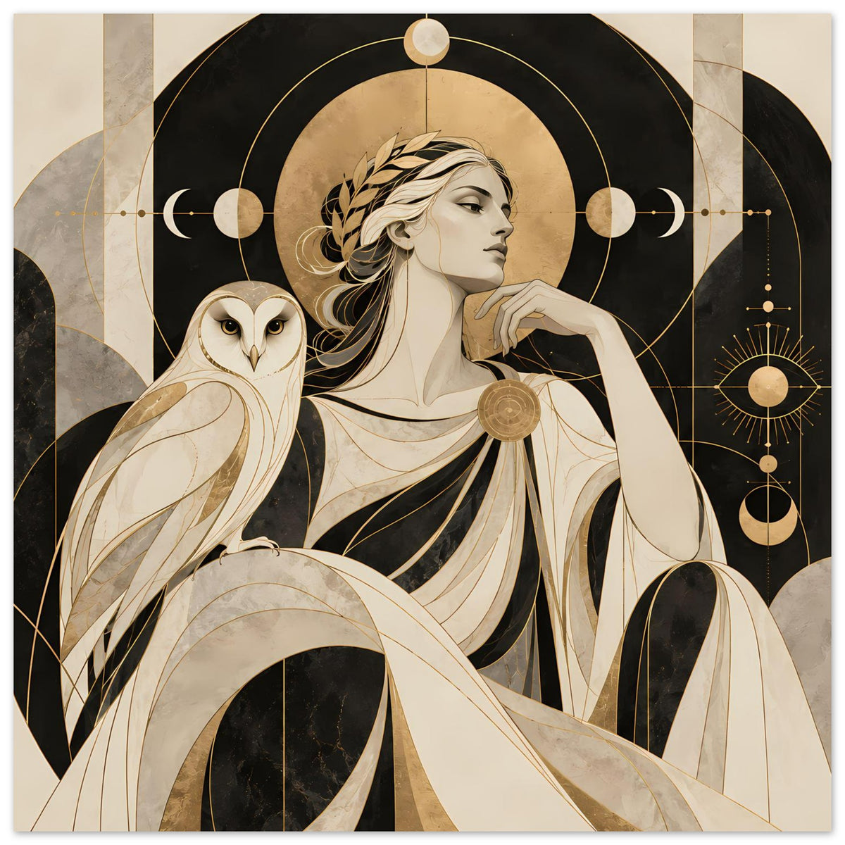 Kunstposter: Frau im Profil mit Eule, goldene Linien und Kreise, abstraktes Mondmotiv, Querformat