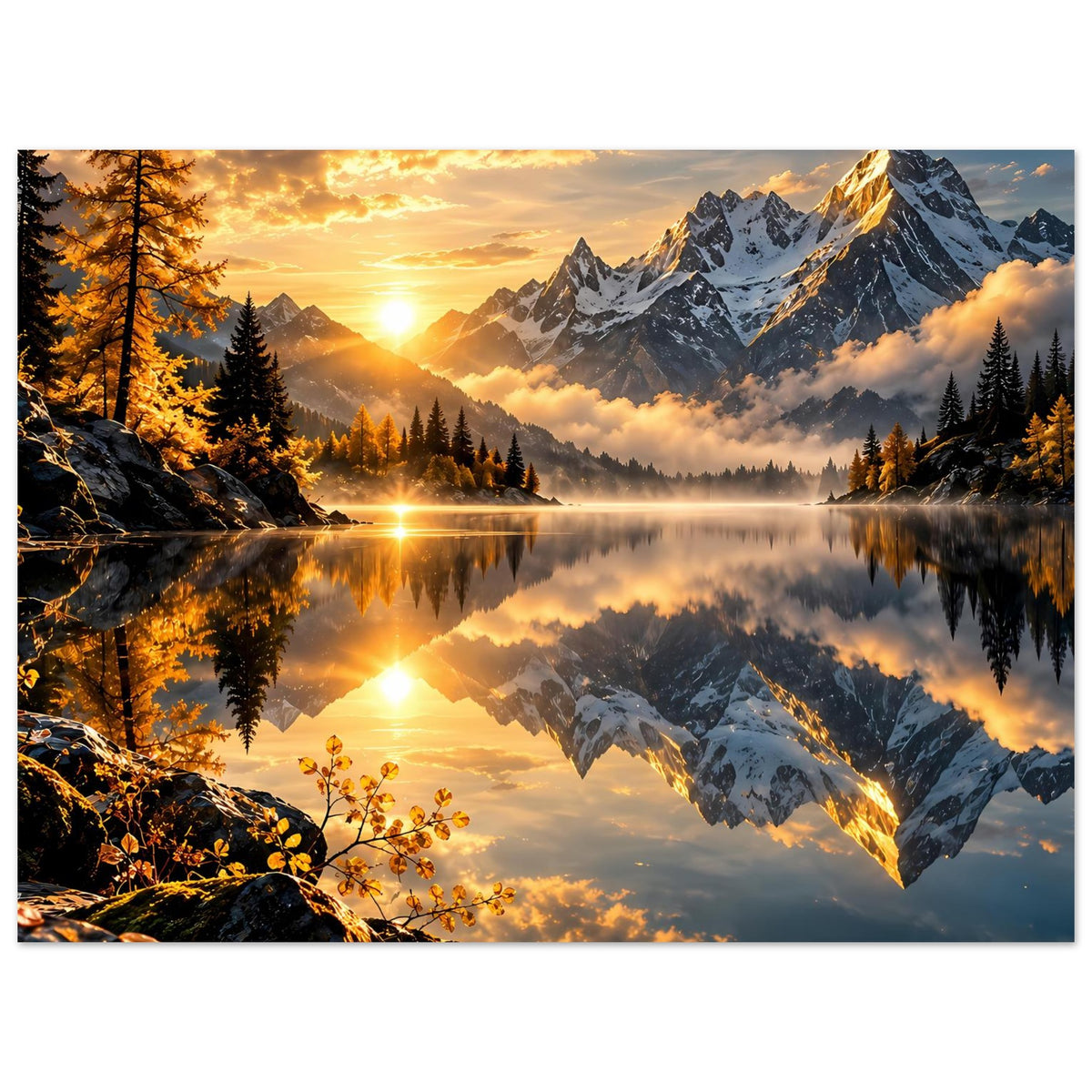 Horizontales Poster mit Bergsee-Reflexion, warmes Licht auf Gipfeln und Wald am Ufer