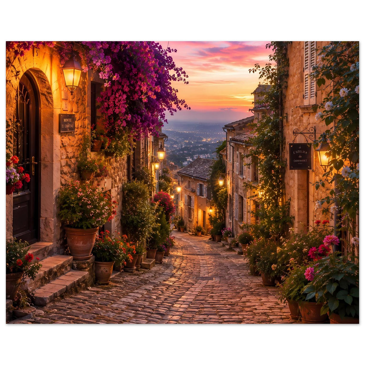 Romantisches Dorfstraßen-Poster im Querformat: Gasse mit warmen Lichtern, Topfpflanzen und Abendhimmel