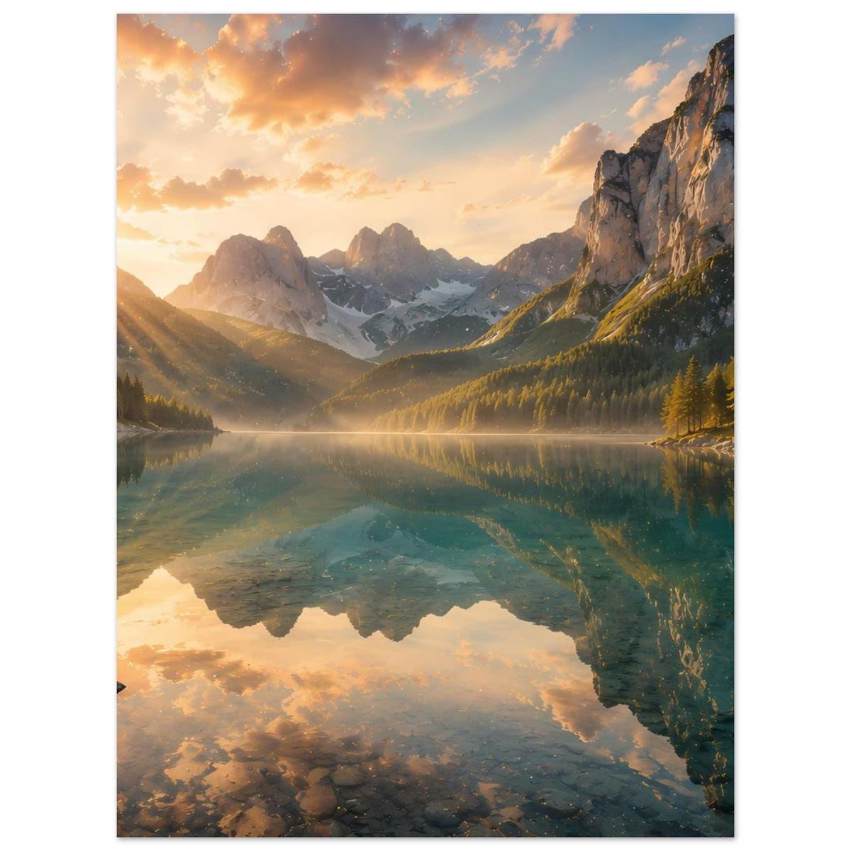 Kunstdruck: Bergtal mit See und Bergkette, Sonnenaufgangsstimmung mit Wasserreflexion