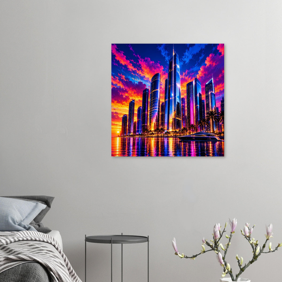 Kleines Wandposter mit Skyline-Gebäuden im bunten Sonnenuntergang und farbigen Lichtern