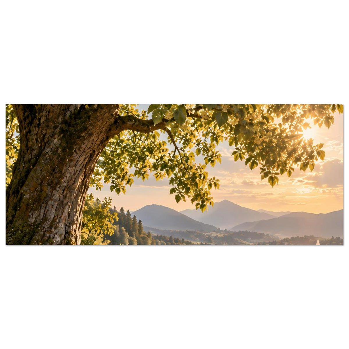 Naturposter mit Baumstamm, gelbem Laub über See und Bergen im Abendlicht